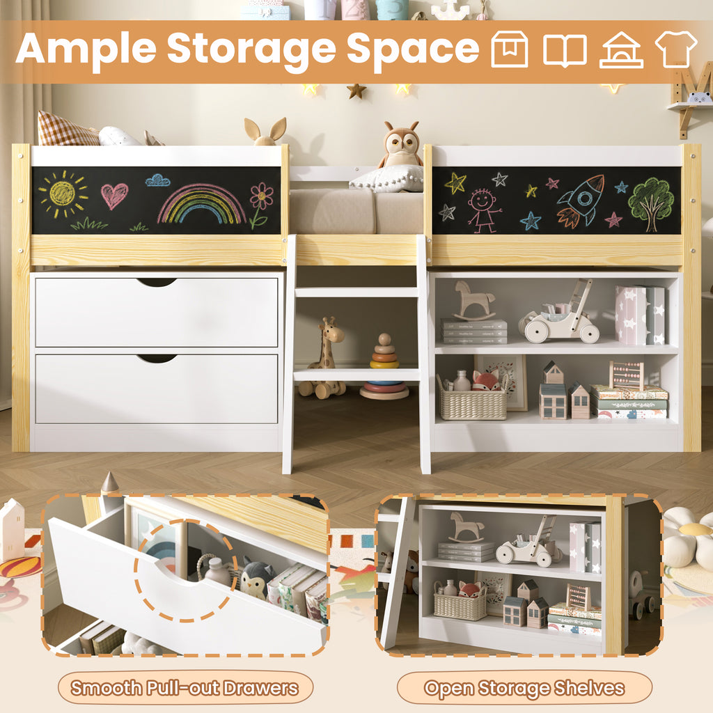 3ft Single Low Loft Bed with Blackboard, Modern Wood Bed Frame with Drawers and Storage Shelves, Under-bed Space, Modern Bed with Safety Guardrail, Saving-space Design, White (No Mattress)