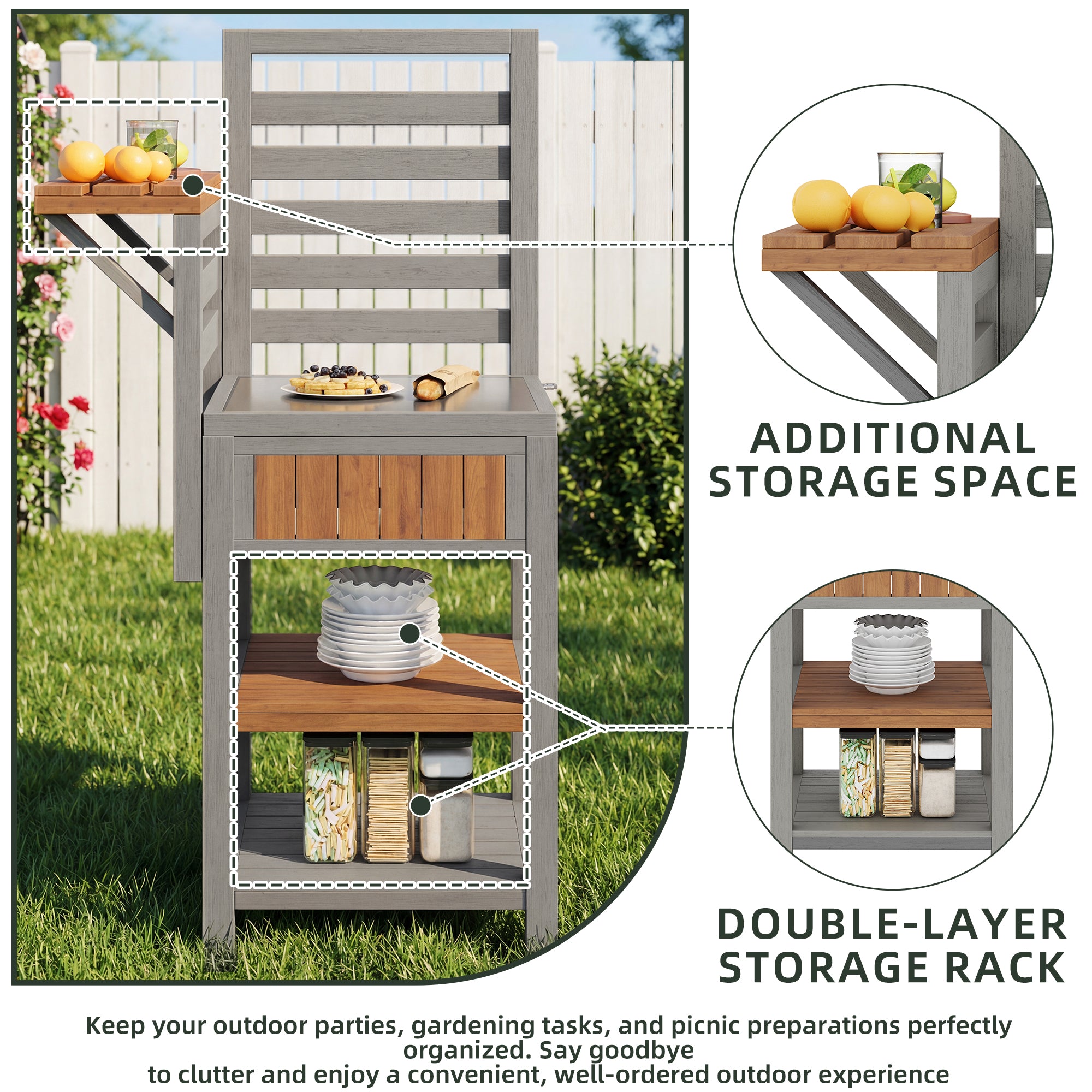Outdoor wooden garden cabinet, weatherproof – tool shed with large stainless steel work surface and double shelf, grill station with additional storage space, weatherproof kitchen cabinet