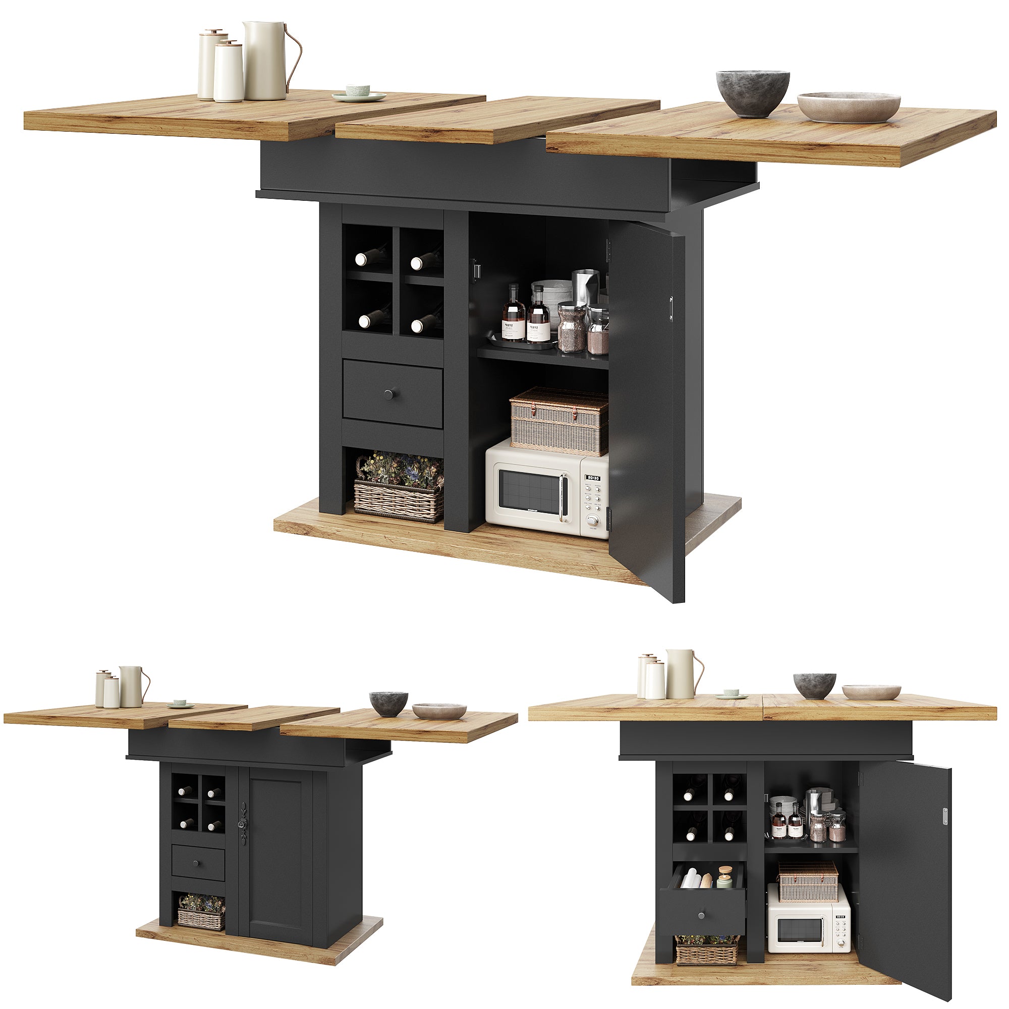 Telescopic dining table (110-140×80cm), foldable kitchen table for 4-6 people, extendable dining table, space-saving kitchen table, for kitchen and living room, dining table with wine rack and drawers