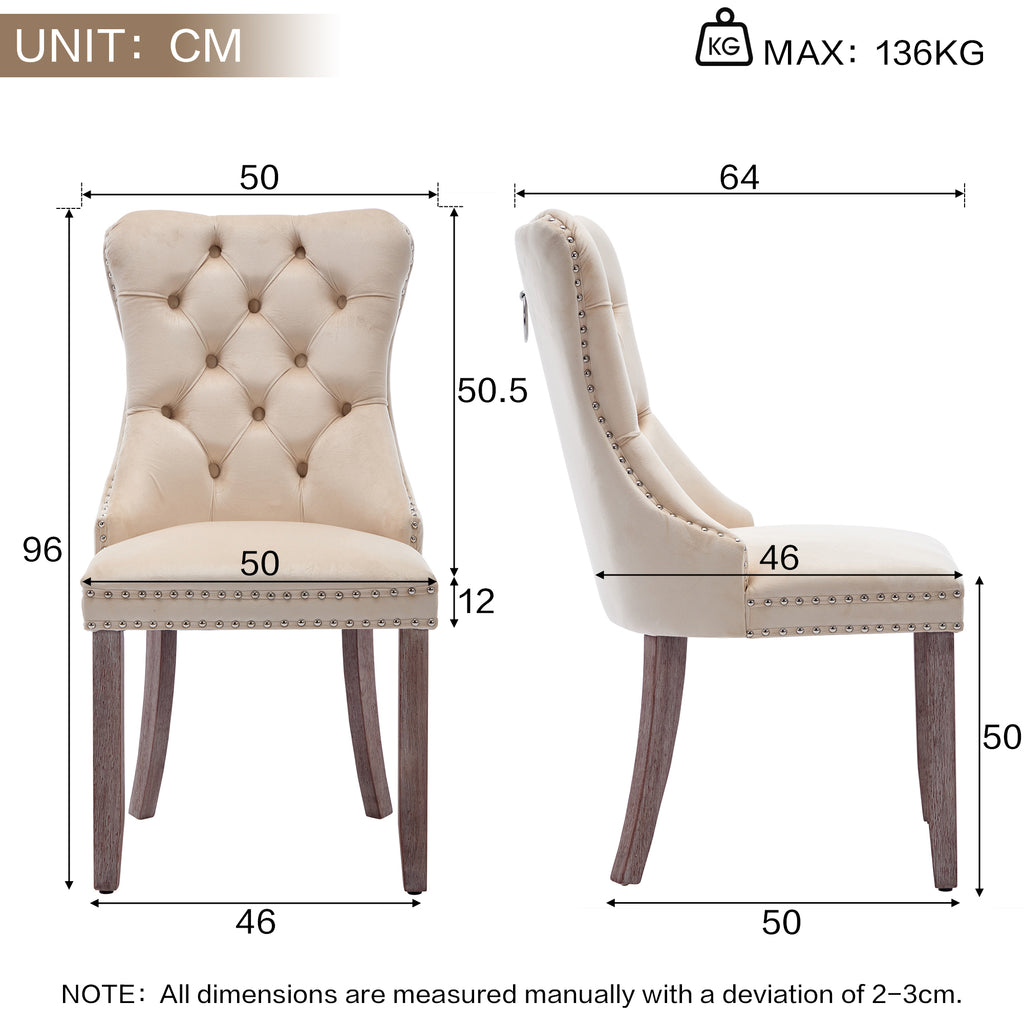 Modern Set of 4 Upholstered Velvet Dining Chairs, Button Tufted Kitchen Lounge Chairs with Brushed Wood Legs, Riveted Trim and Knocker Ring, for Dining Room Living Room, Beige