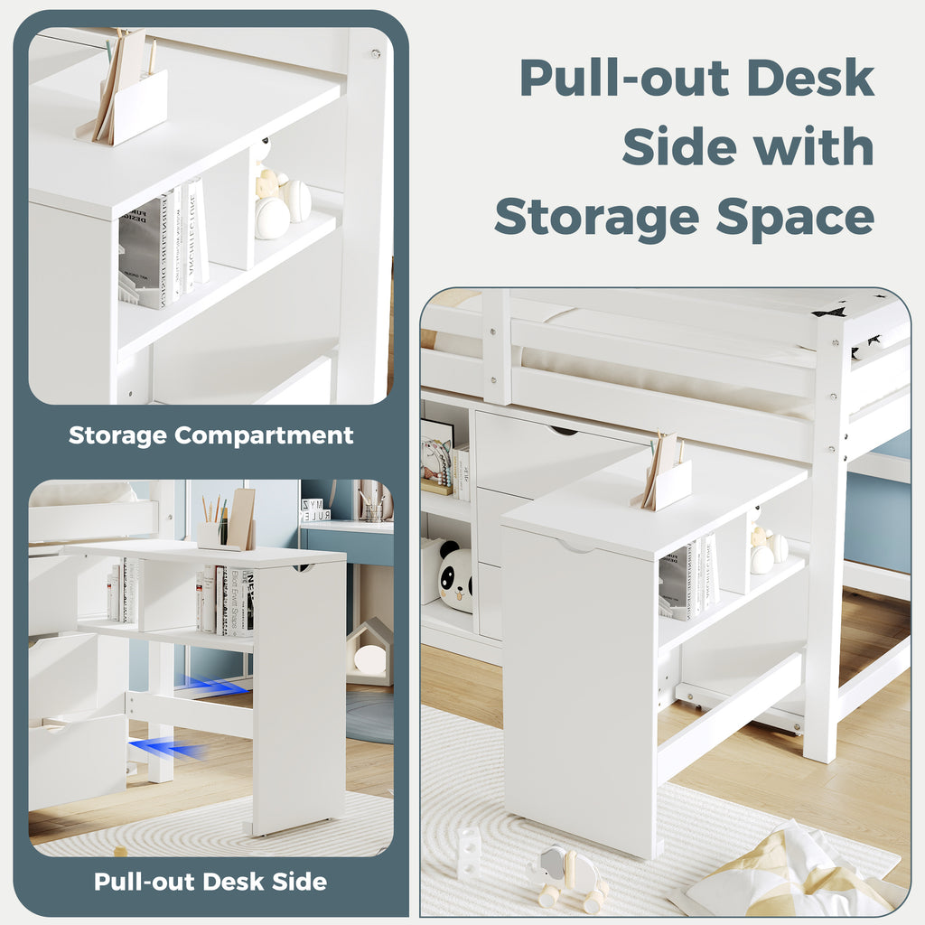3ft Single Wooden Storage Bed with Pull-out Desk, Modern Wood Bed with Three Drawers, Storage Cabinet & Headboard Shelves, Space-saving Design with Storage Compartment, White (No Mattress)