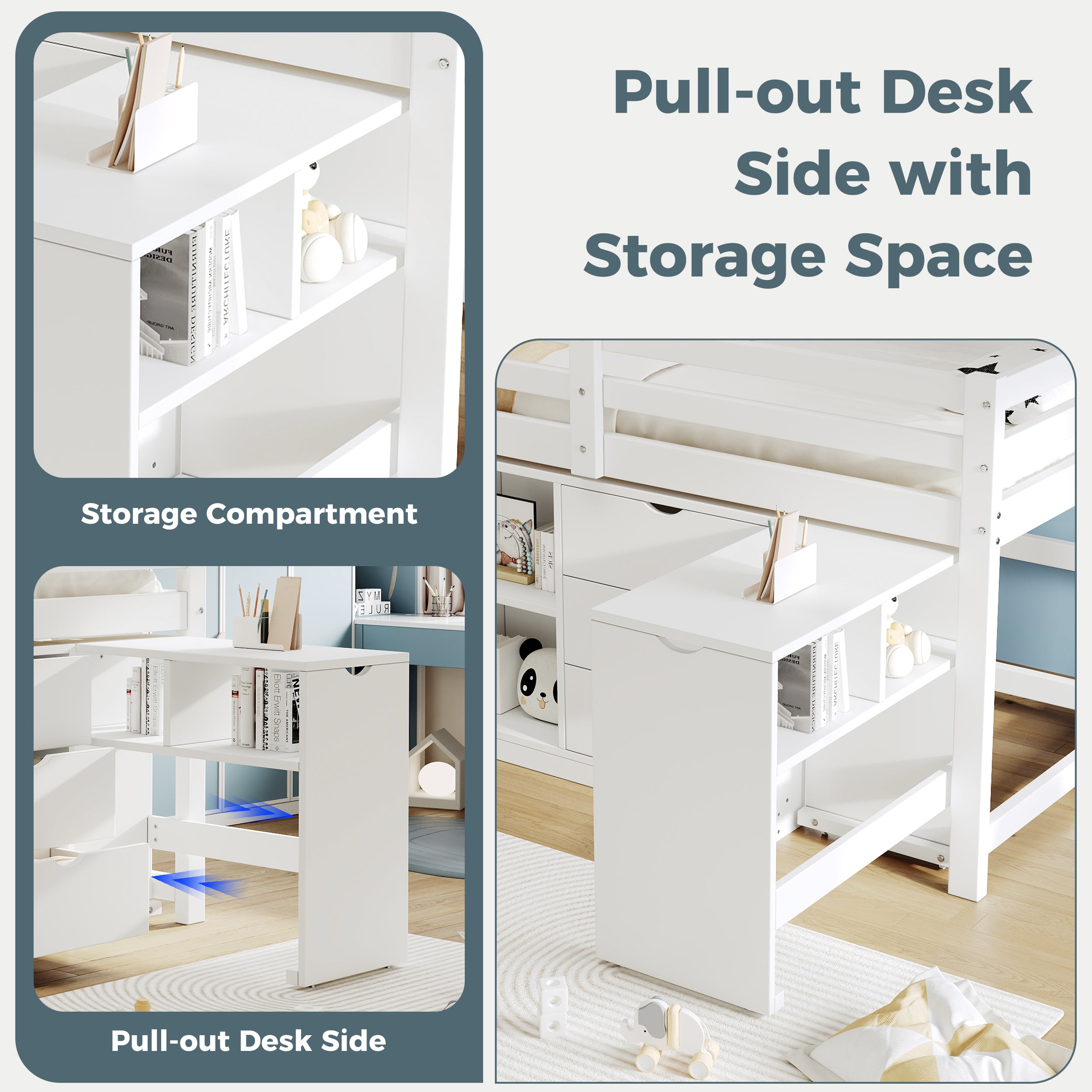 3ft Single Wooden Storage Bed with Pull-out Desk, Modern Wood Bed with Three Drawers, Storage Cabinet & Headboard Shelves, Space-saving Design with Storage Compartment, White (No Mattress)