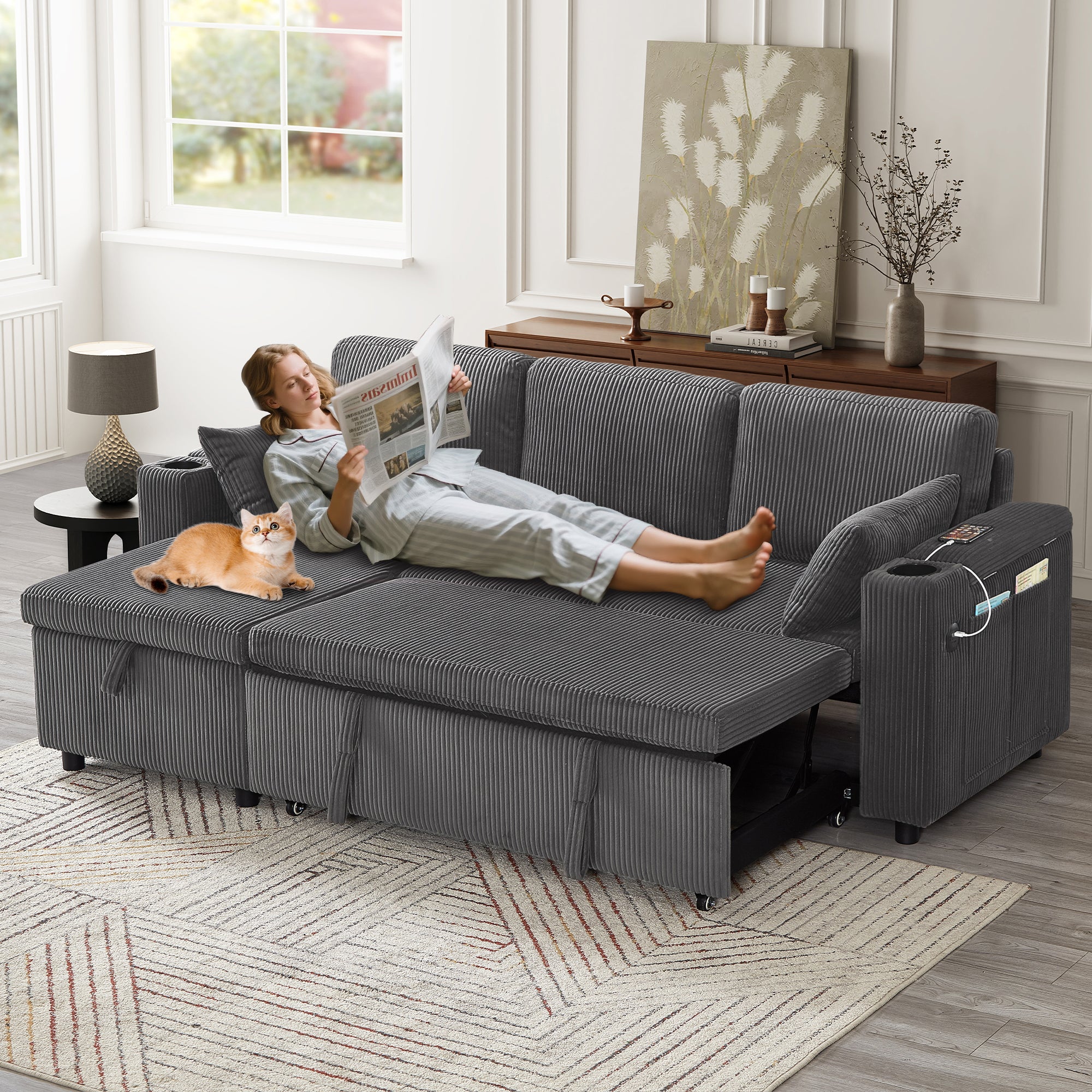 3 in 1 Convertible Corduroy Sofa Bed with Storage Chaise, L Shaped Sleeper Sofa Couches with Armrest Storage and Charging Station. Pullout Sectional Daybed for Living Room/Bedroom/Office, Grey