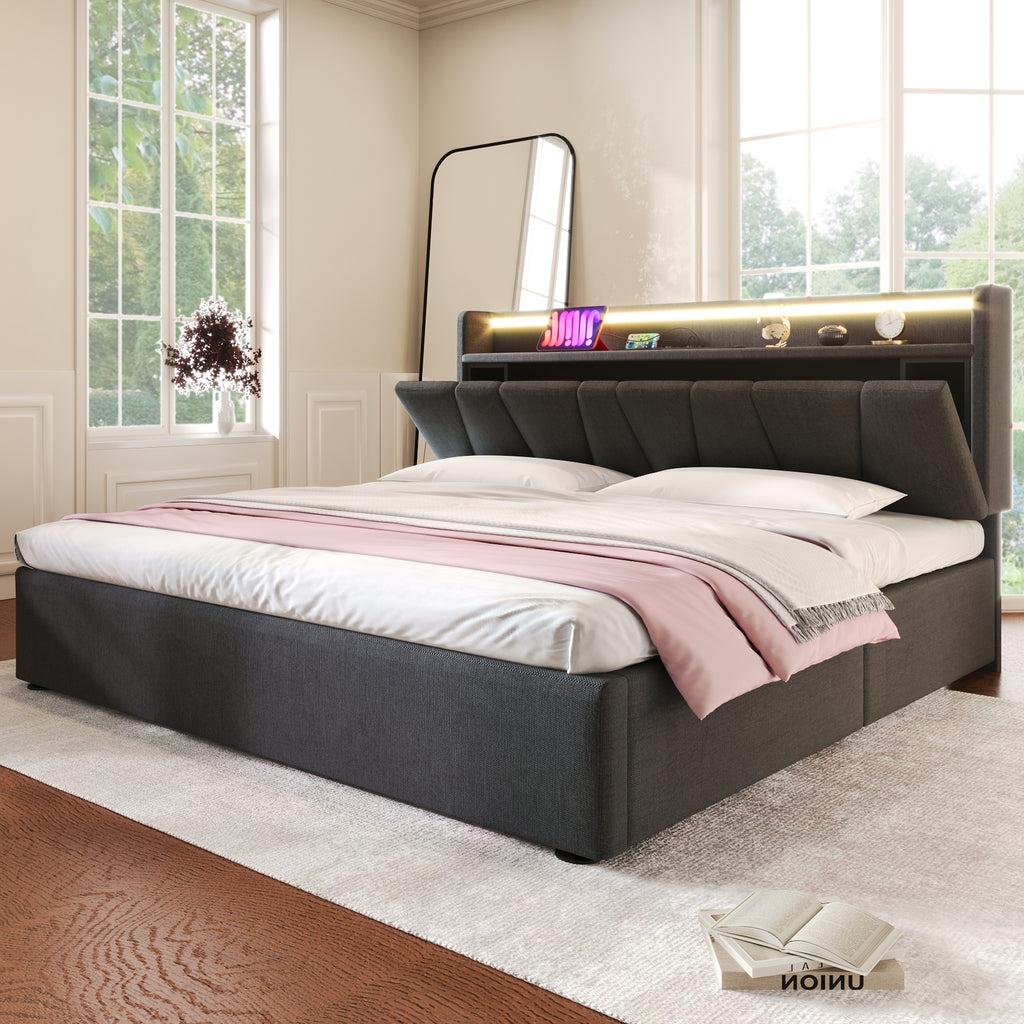 Upholstered Double Bed with USB charging function, storage headboard and LED lighting, 4ft6 Double Bed storage bed frame(135x190cm), Wooden Slatted Frame, Grey (Without Mattress)