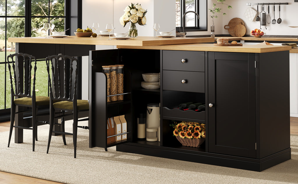 Extendable Sideboard & Dining Table Combo, 2 Drawers & Snack rack, Space-Saving Sideboard for Small Flats, White/Black
