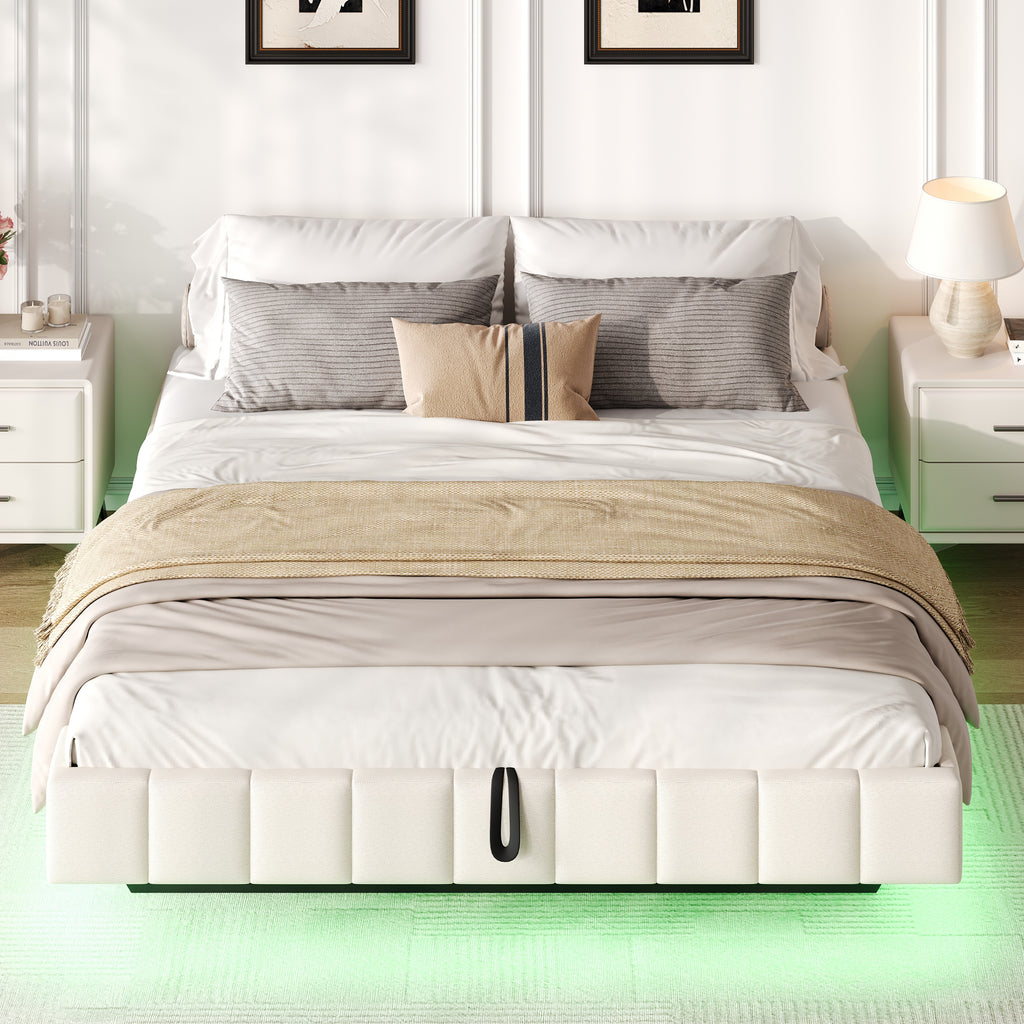 4ft6 Double Floating Bed Frame with Hydraulic Under-bed Storage & Smart RGB LED Lights, No Headboard Upholstered Bed with Concealed Anti-Collision Leg, Linen Fabric, Beige (No Mattress)