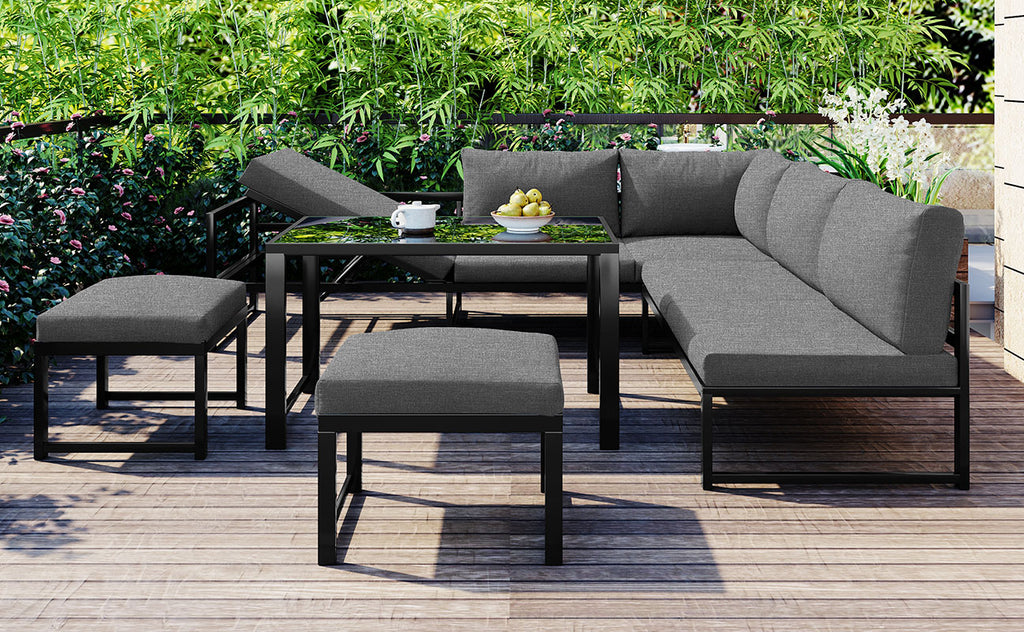 Outdoor Garden Lounge Sofa Seating Set, Garden Balcony Furniture with Reclining Function, Backrest Adjustable in Four Directions, Includes All Soft Seat Cushions and Backrest, Grey