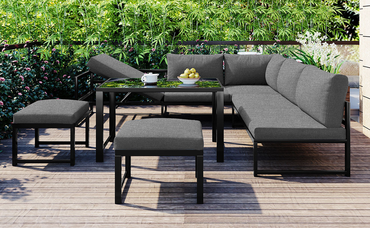 Outdoor Garden Lounge Sofa Seating Set, Garden Balcony Furniture with Reclining Function, Backrest Adjustable in Four Directions, Includes All Soft Seat Cushions and Backrest, Grey
