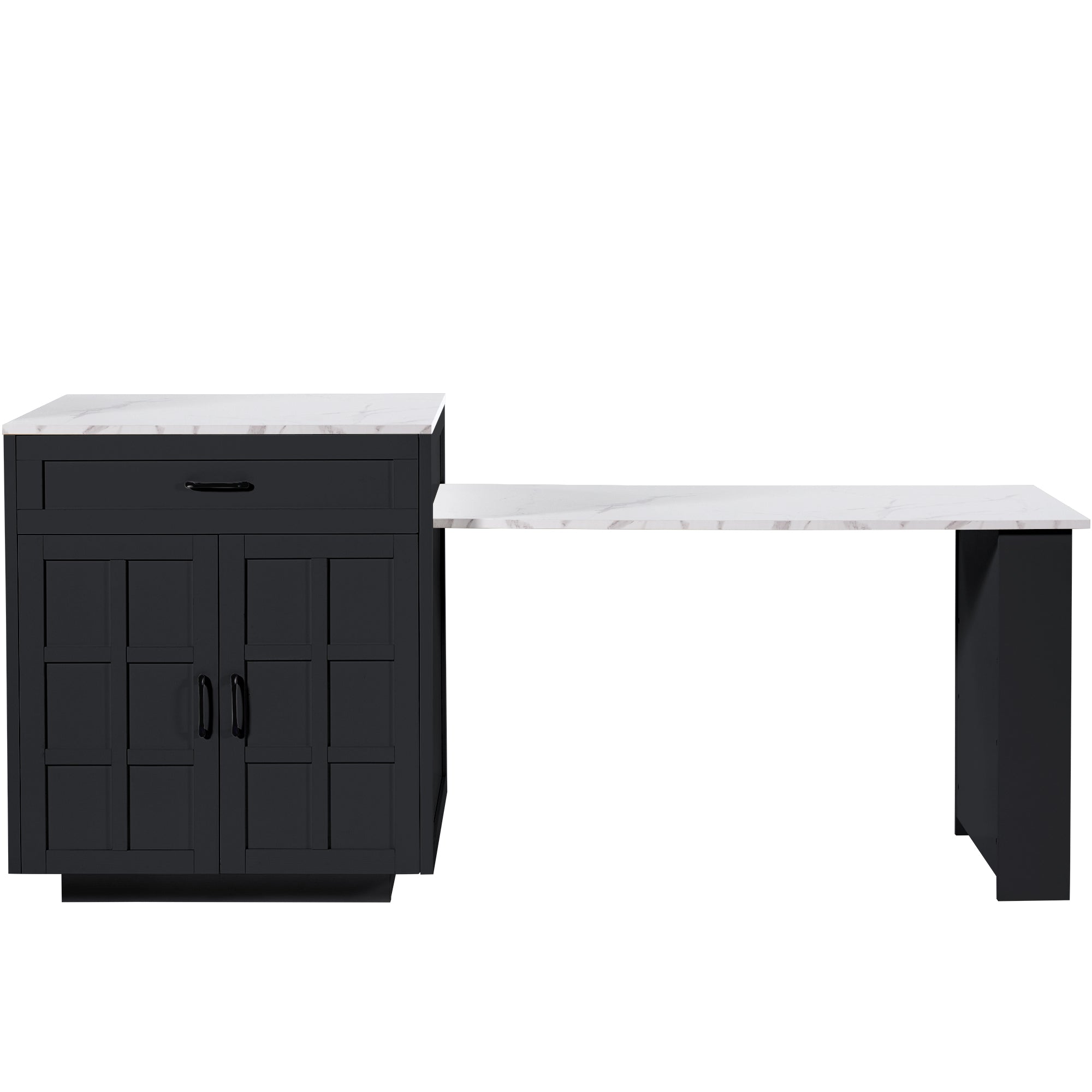 Extendable Bar Table with Storage (133–202 × 70 × 93.5 cm), with Two Drawers and Four Compartments, Expandable Kitchen Island Table for 2–6 People, Kitchen Dining Cart with Side Shelves, Black.