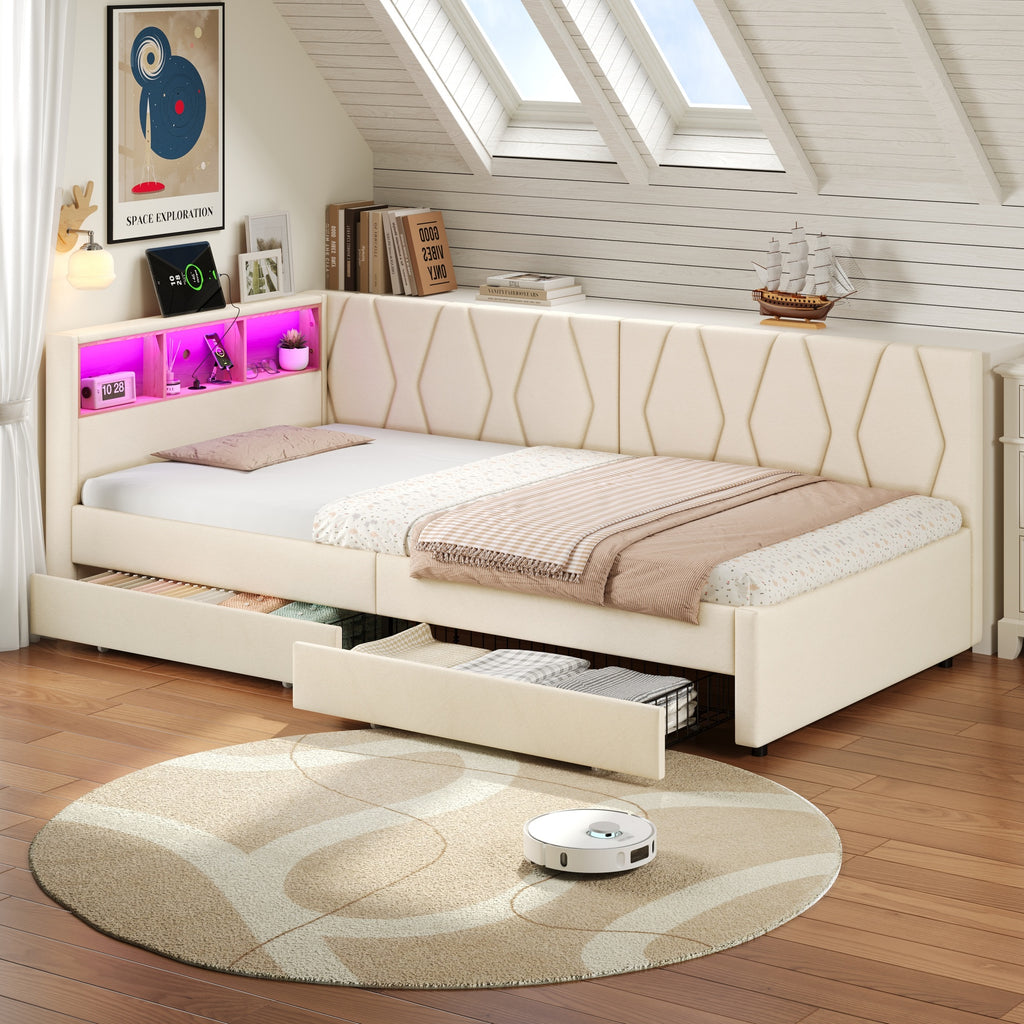3ft Single Daybed with Two Storage Drawers, LED Modern Bed frame with Charging Station, Linen Sofa Bed for Living Room/ Bedroom/ Study Room, 90X190cm, Easy Assembly, Beige (No Mattress)
