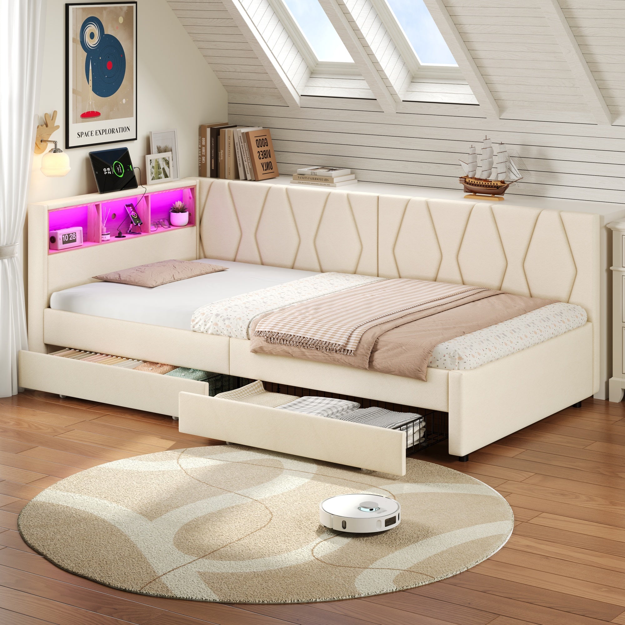 3ft Single Daybed with Two Storage Drawers, LED Modern Bed frame with Charging Station, Linen Sofa Bed for Living Room/ Bedroom/ Study Room, 90X190cm, Easy Assembly, Beige (No Mattress)