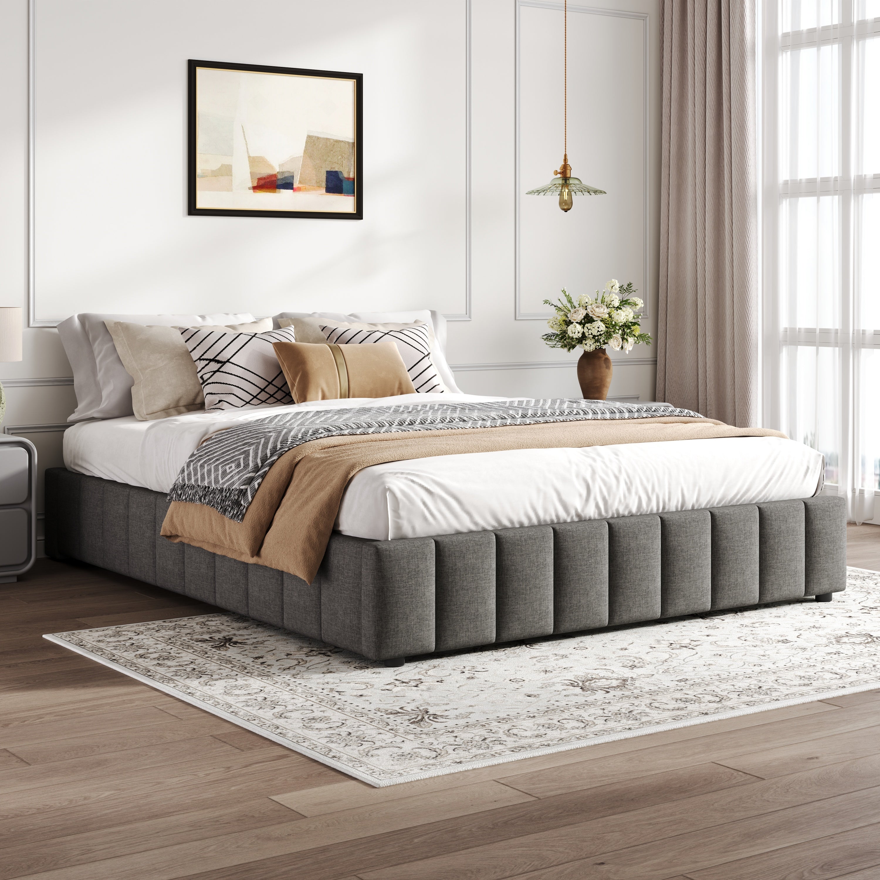 4ft6 Double Upholstered Storage Bed Frame, No Headboard  Linen Bed Frame with Hydraulic Storage, Channel Tufted  Ottoman Bed, Metal-Wood Support, No Box Spring Needed, Easy Assembly,Grey (No Mattress)