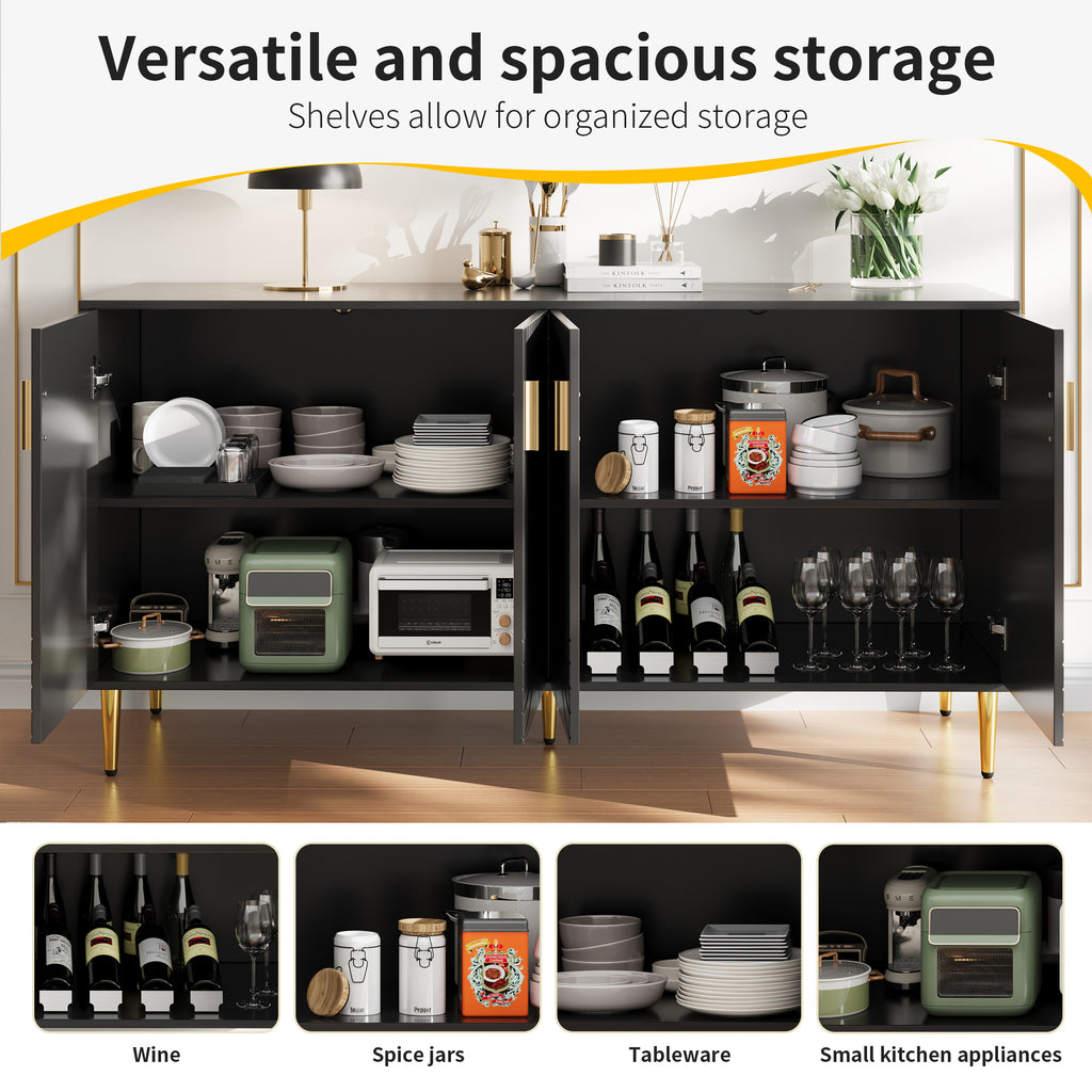 Black sideboard (152 x 40 x 75 cm) with unique wave design and golden handles and feet, creating an elegant dining area