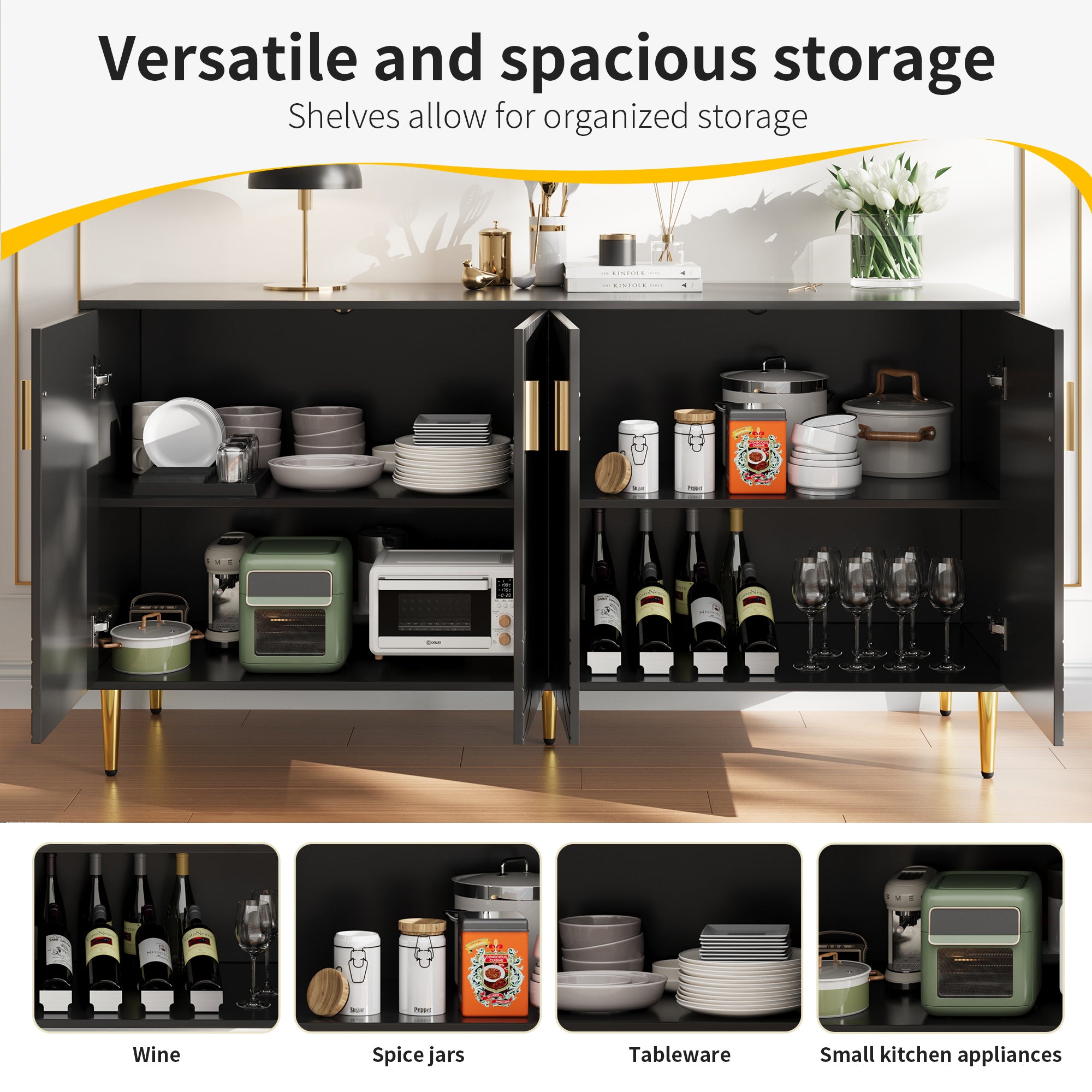 Black sideboard (152 x 40 x 75 cm) with unique wave design and golden handles and feet, creating an elegant dining area