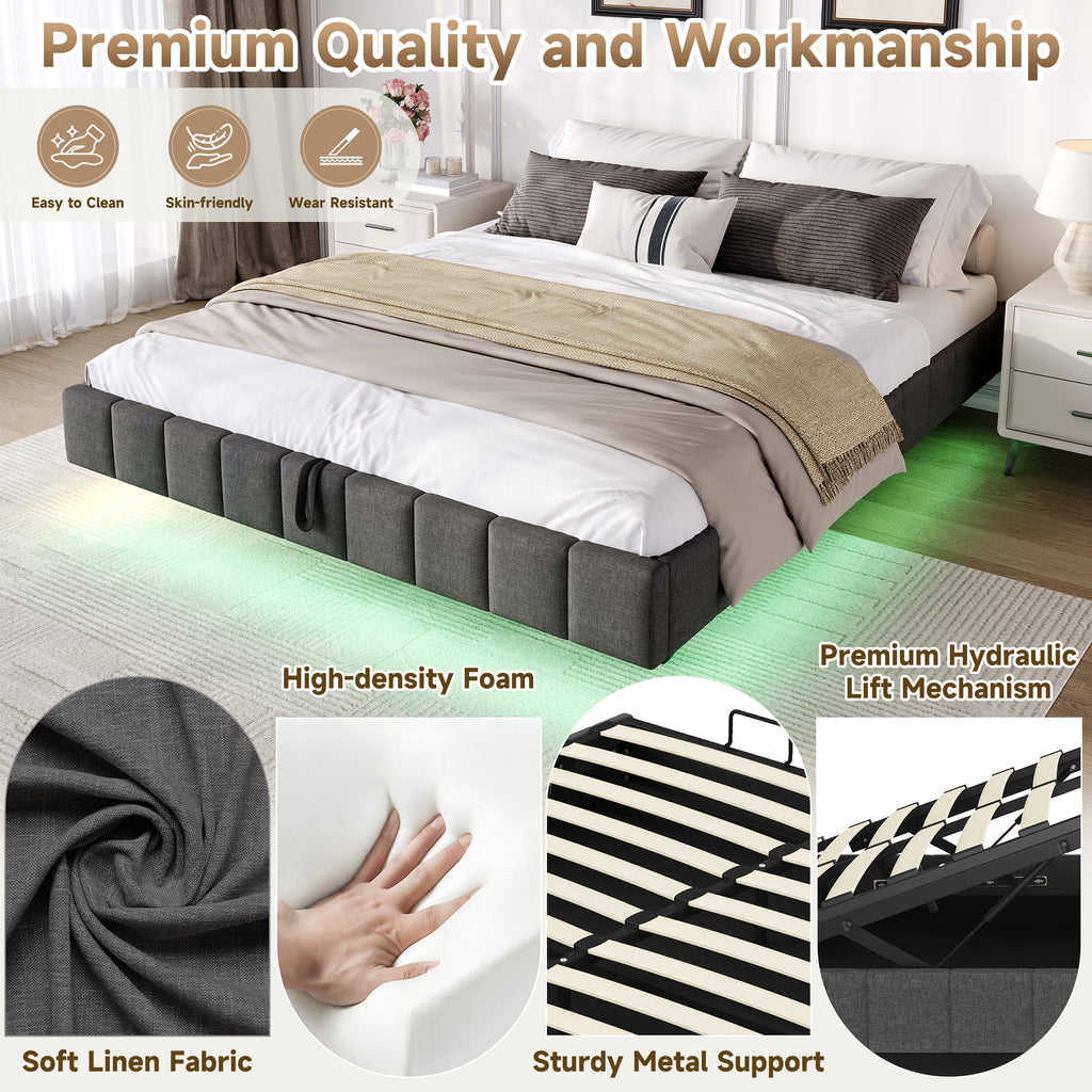 4ft6 Double Floating Bed Frame with Hydraulic Under-bed Storage & Smart RGB LED Lights, No Headboard Upholstered Bed with Concealed Anti-Collision Leg, Linen Fabric, Grey (No Mattress)