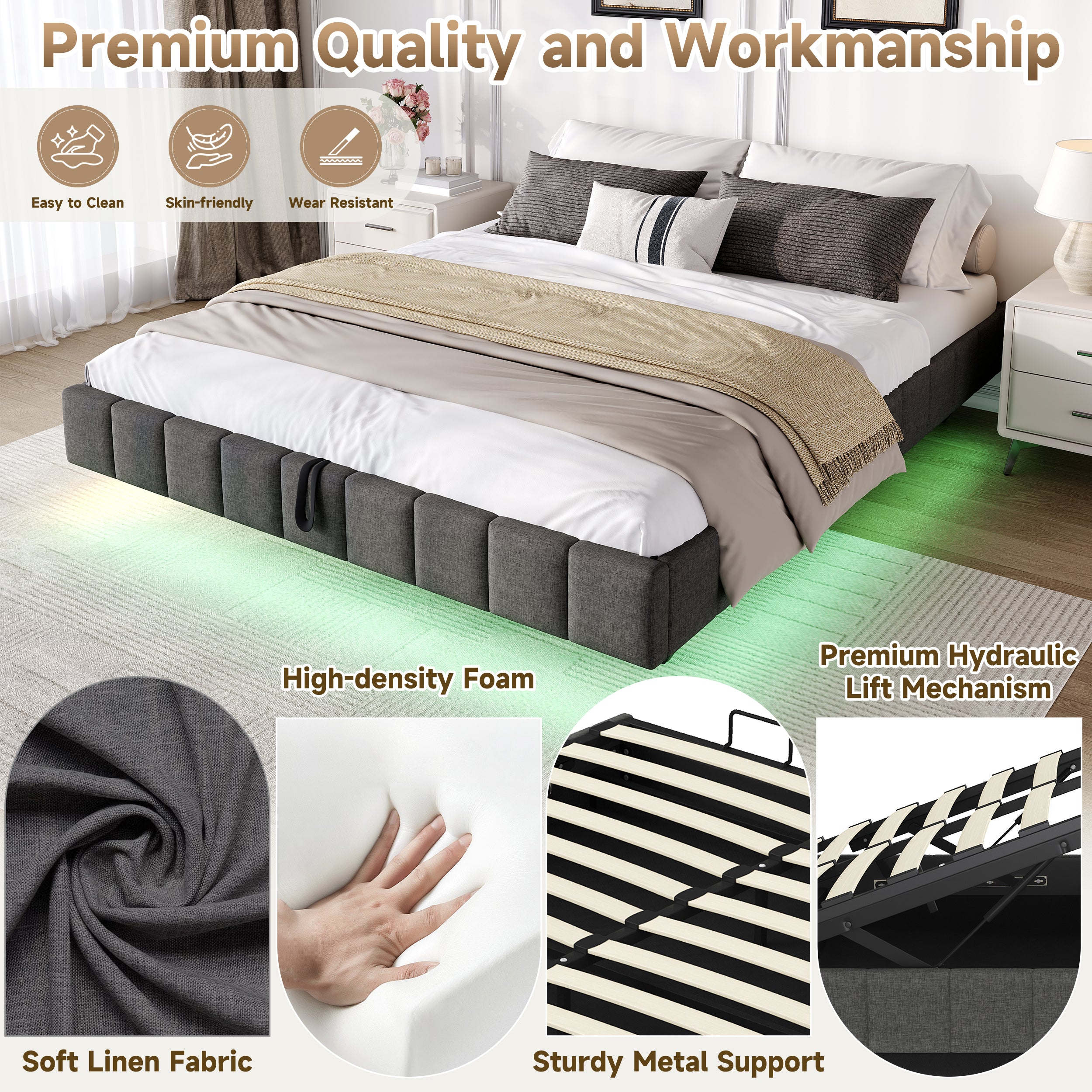 4ft6 Double Floating Bed Frame with Hydraulic Under-bed Storage & Smart RGB LED Lights, No Headboard Upholstered Bed with Concealed Anti-Collision Leg, Linen Fabric, Grey (No Mattress)