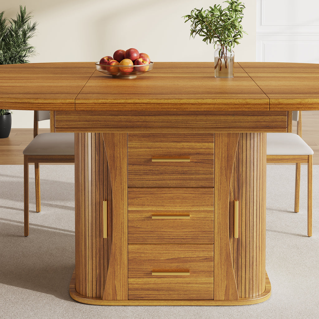 Extendable dining table, dining room table, kitchen table, round dining table, extends to oval, 118-158 cm, seats up to 6 people, three-tier storage, walnut