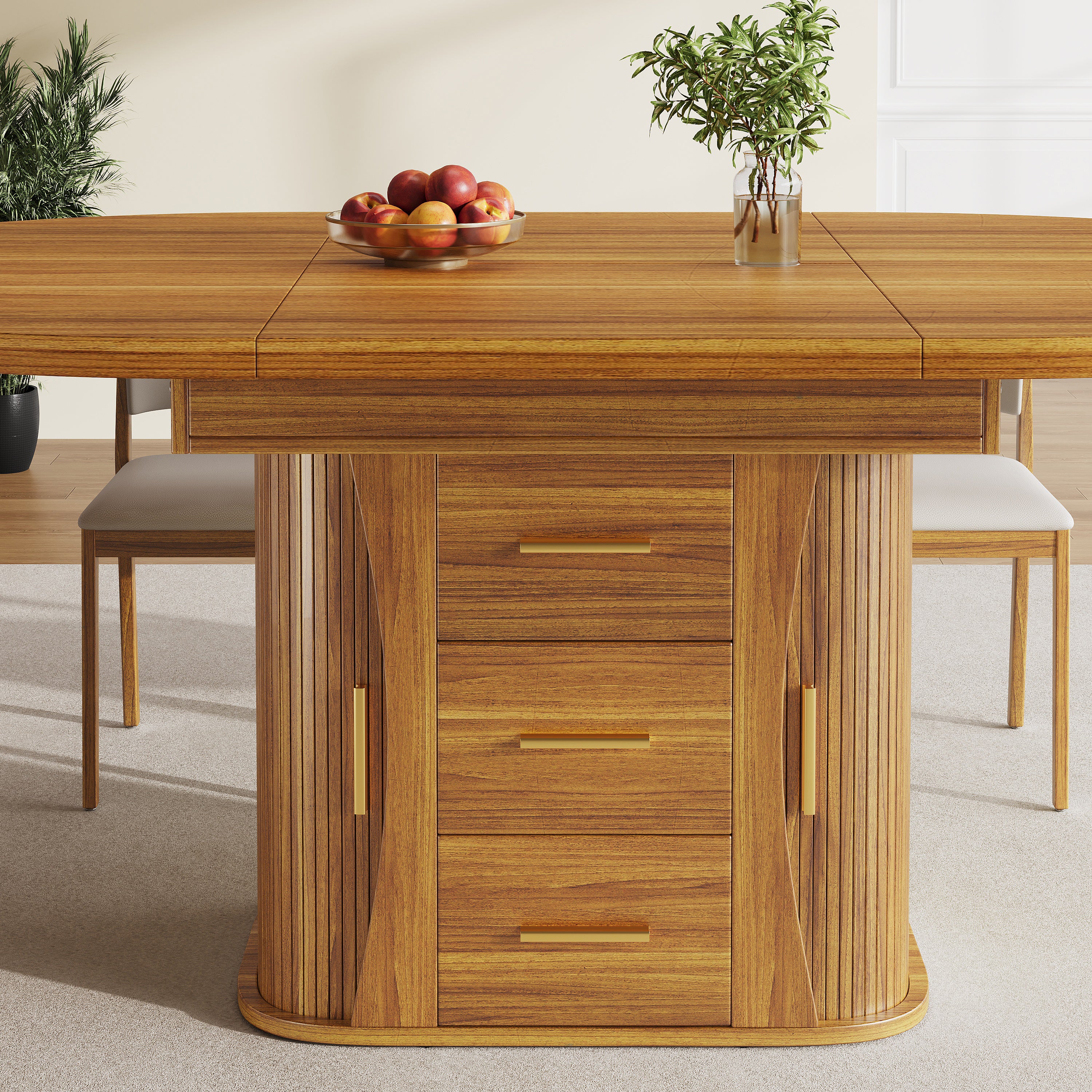 Extendable dining table, dining room table, kitchen table, round dining table, extends to oval, 118-158 cm, seats up to 6 people, three-tier storage, walnut