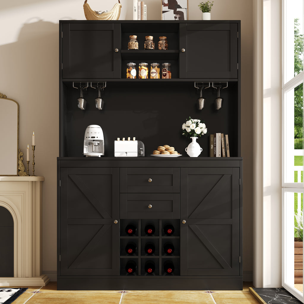 Kitchen Cabinet with Adjustable Shelves & Wine Rack, Tall Kitchen Cabinet with 4 Doors & 2 Drawers, Sideboard for Kitchen & Living Room, Buffet Cabinet, White/Balck