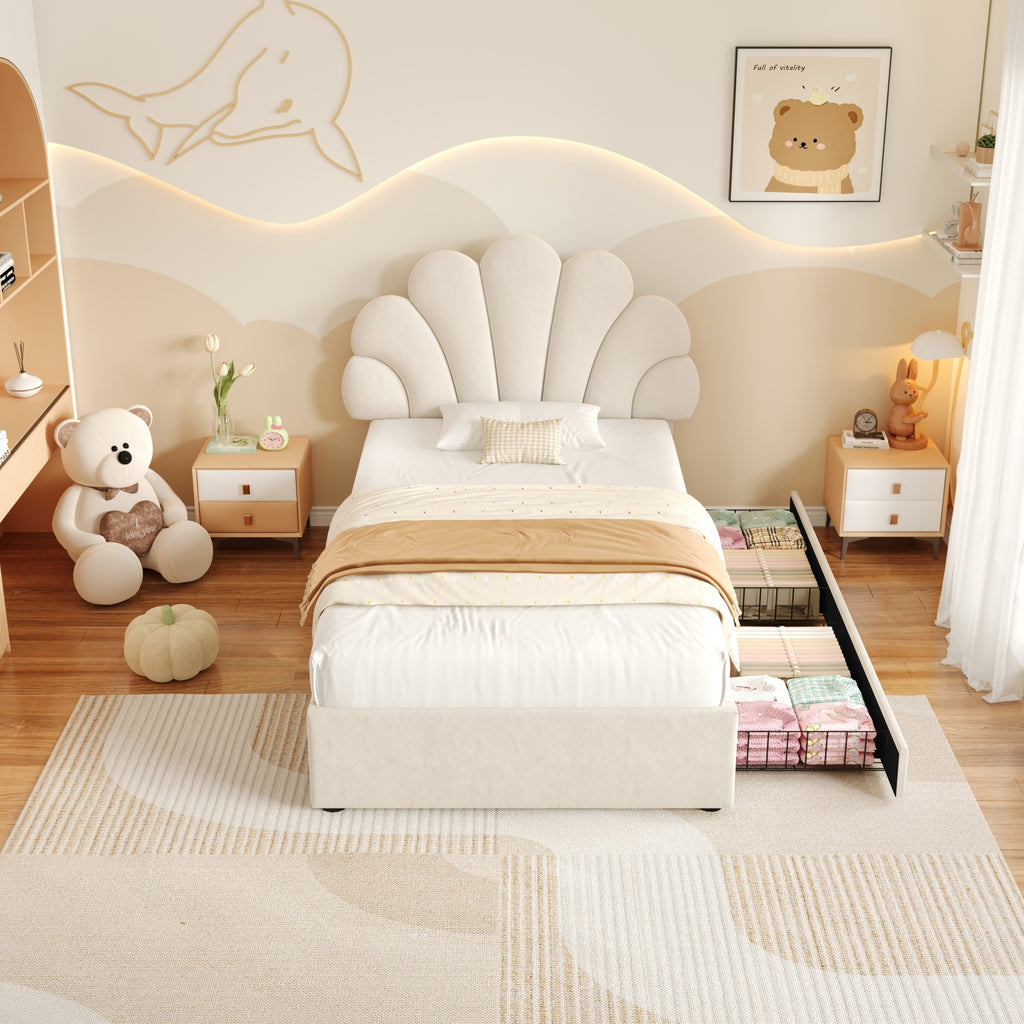 3ft Single Upholstered Bed with Adjustable Chic Petal Headboard, Soft Velvet Bed Frame with 2 Storage Drawers, Petal Bed with Solid Wood Slat, No Box Spring Needed, Easy Assembly, Beige (No Mattress)