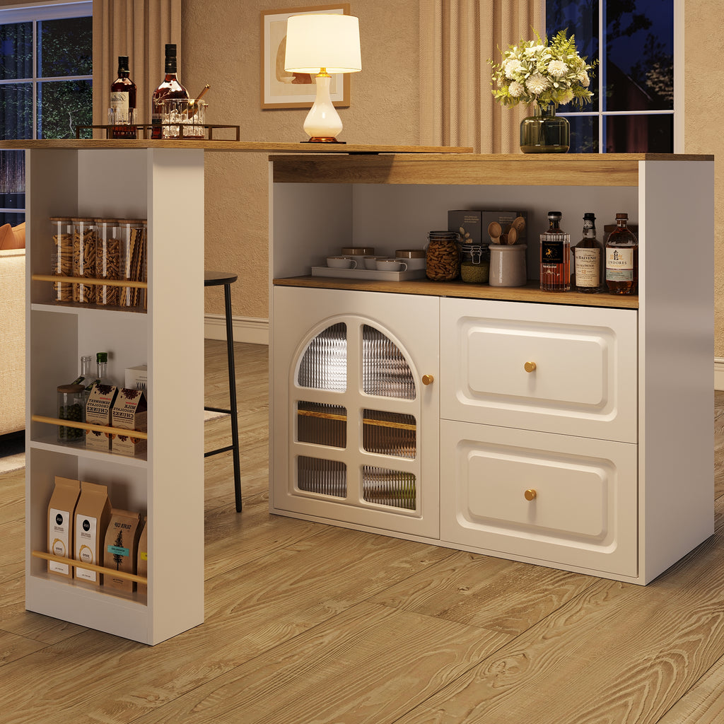 Rotating sideboard, suitable for bedrooms, living rooms, dining rooms, 2 drawers, snack shelf, open storage compartment, rotating sideboard cabinet with shelves and curved glass, white