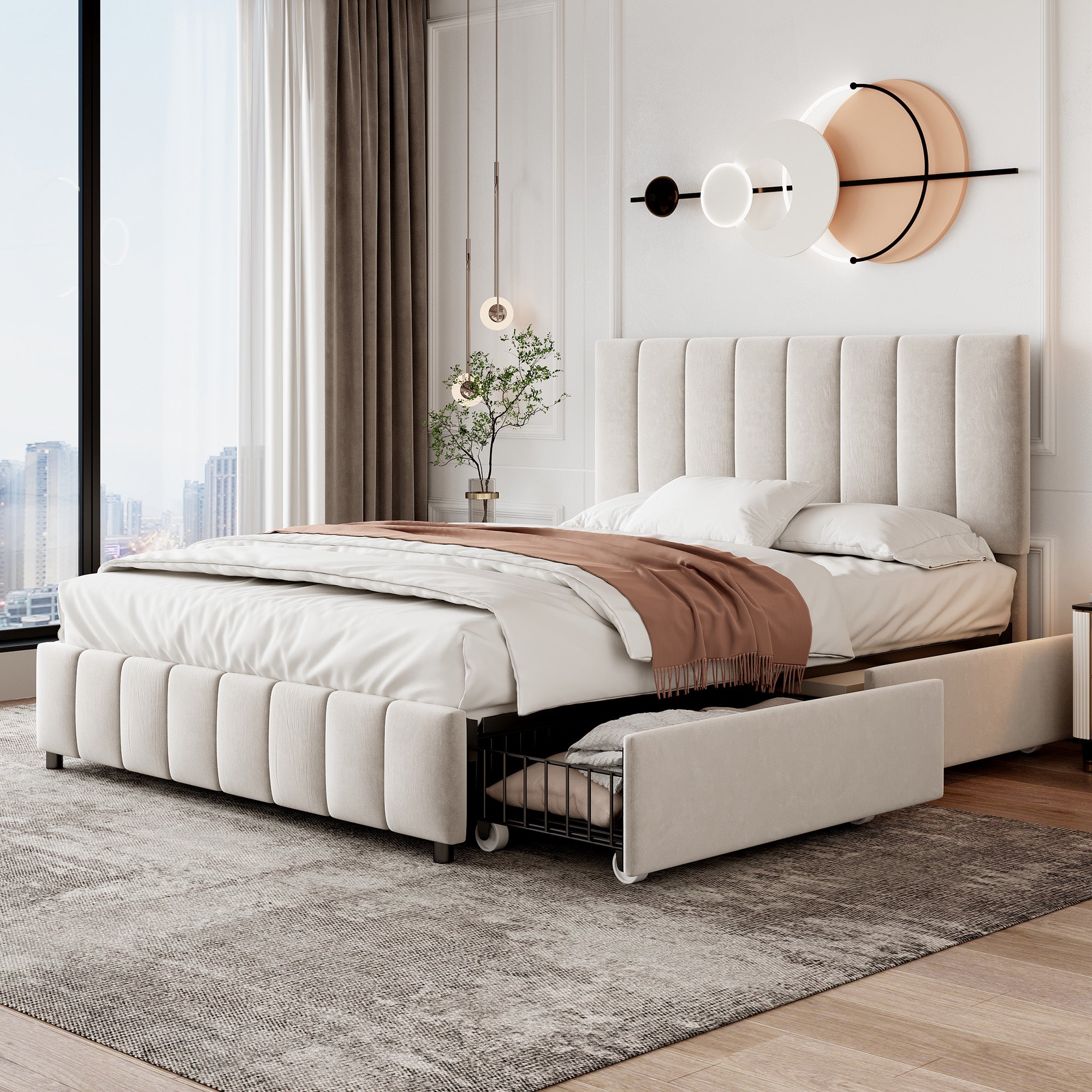 4ft6 Double Upholstered Bed with 4 Storage Drawers, Velvet Platform Bed Frame with Adjustable Channel Tufted Headboard, Metal-Wood Support, No Box Spring Needed, Easy Assembly, Beige (No Mattress)