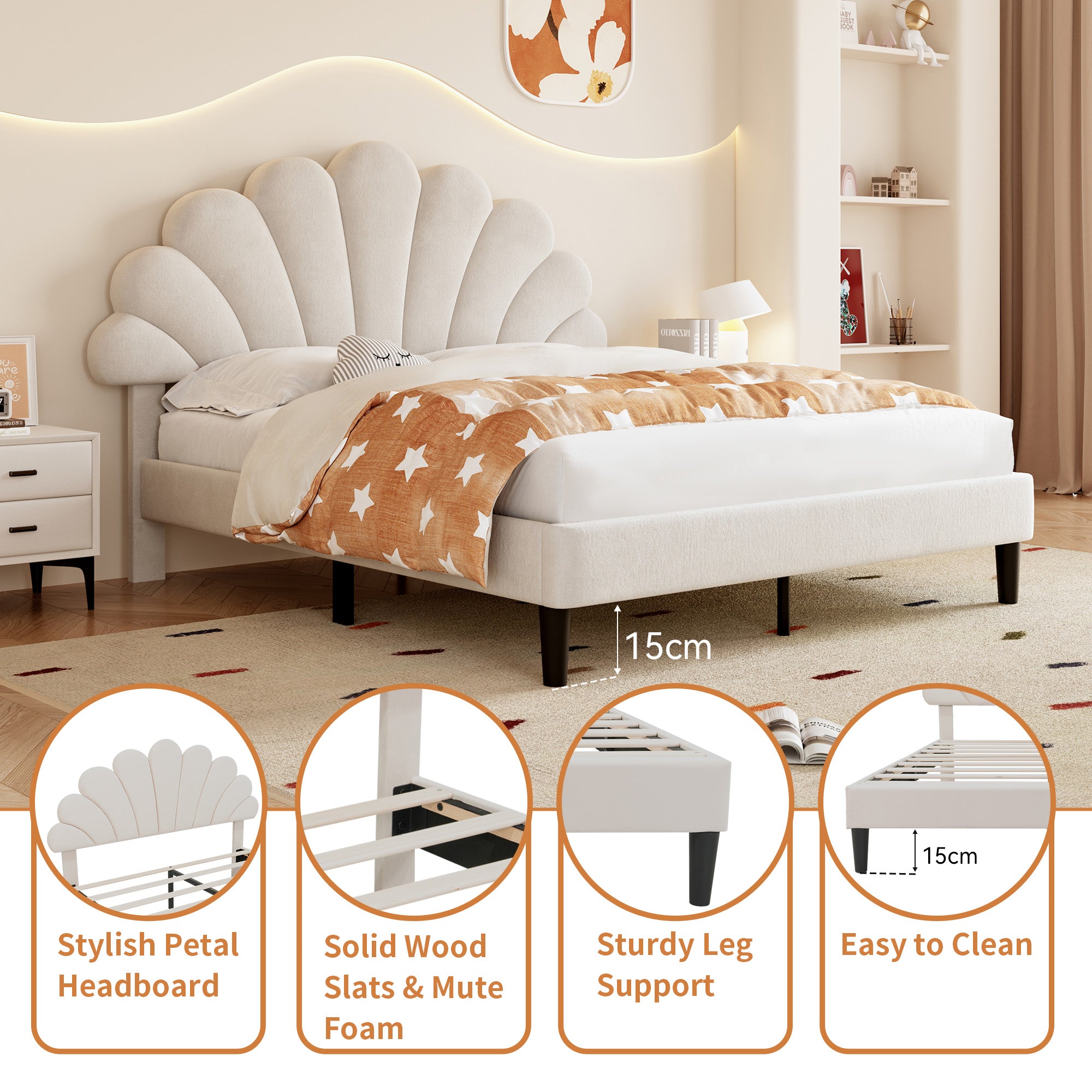 4ft6 Double Upholstered Velvet Bed Frame, with Adjustable Chic Petal Headboard, Velvet Platform Bed Frame with Solid Wood Slat, No Box Spring Needed, Easy Assembly, Beige