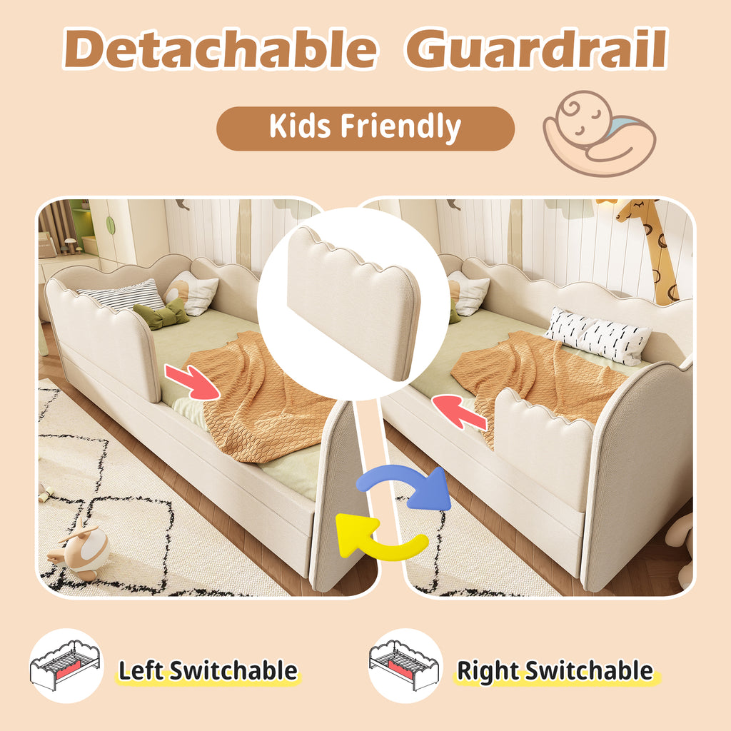Upholstered Bed Daybed 90 x 190 cm, 3FT Single Bed with Pull out Trundle, Sofa Bed For Adults and Children, Single Daybed With Slatted Frame, Linen, Beige (No Mattress)