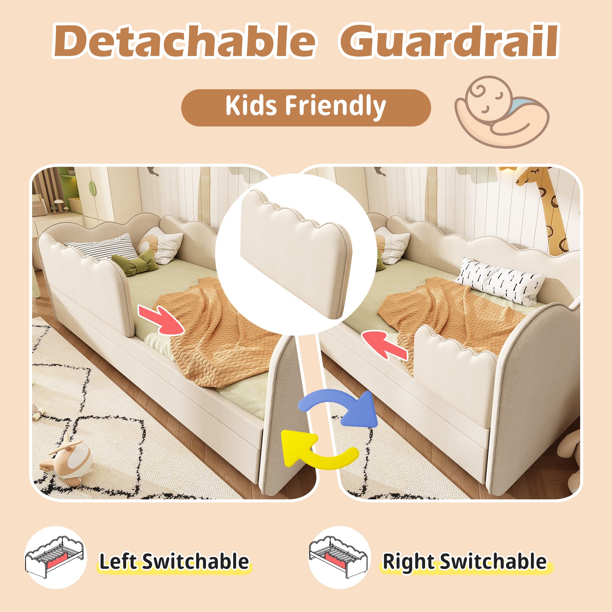 Upholstered Bed Daybed 90 x 190 cm, 3FT Single Bed with Pull out Trundle, Sofa Bed For Adults and Children, Single Daybed With Slatted Frame, Linen, Beige (No Mattress)
