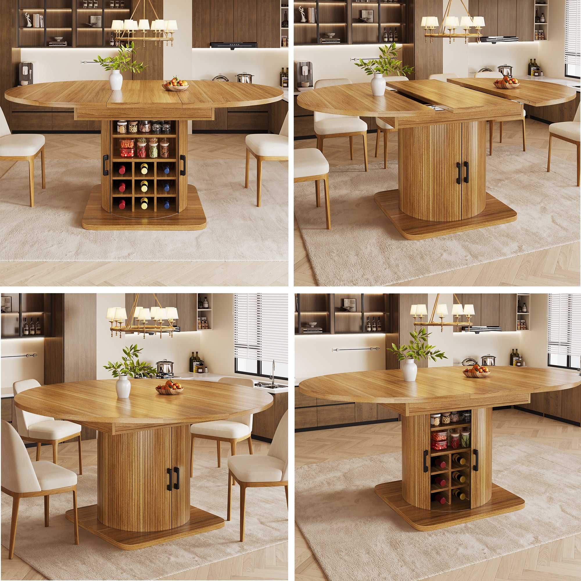 Extendable dining table with storage, multifunctional folding table with wine rack, space-saving kitchen table for small rooms and dining rooms, MDF tabletop, natural brown