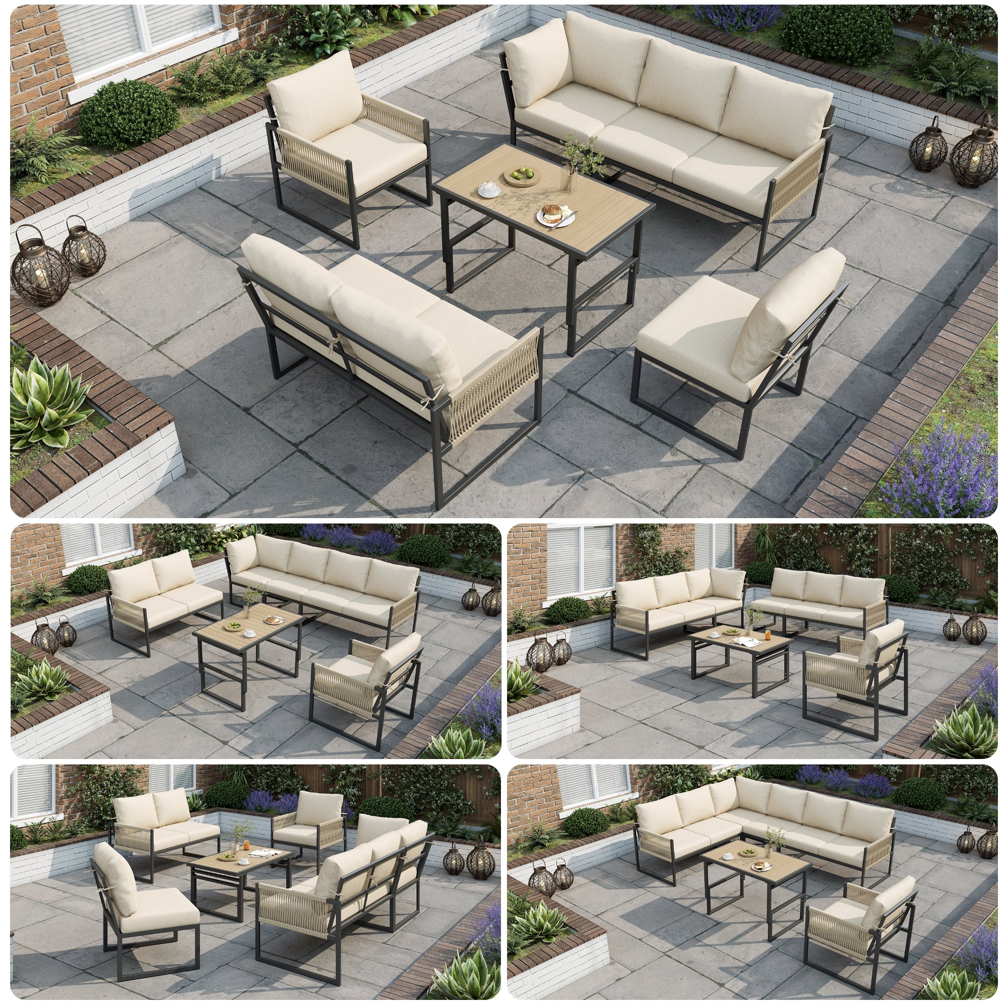 6-7 Seater Garden Furniture Set with Height Adjustable Rising Coffee Table, Corner Sofa with Polyester Rope, Weatherproof Outdoor Patio Dining Lounge Set for Balcony and Terrace, Beige