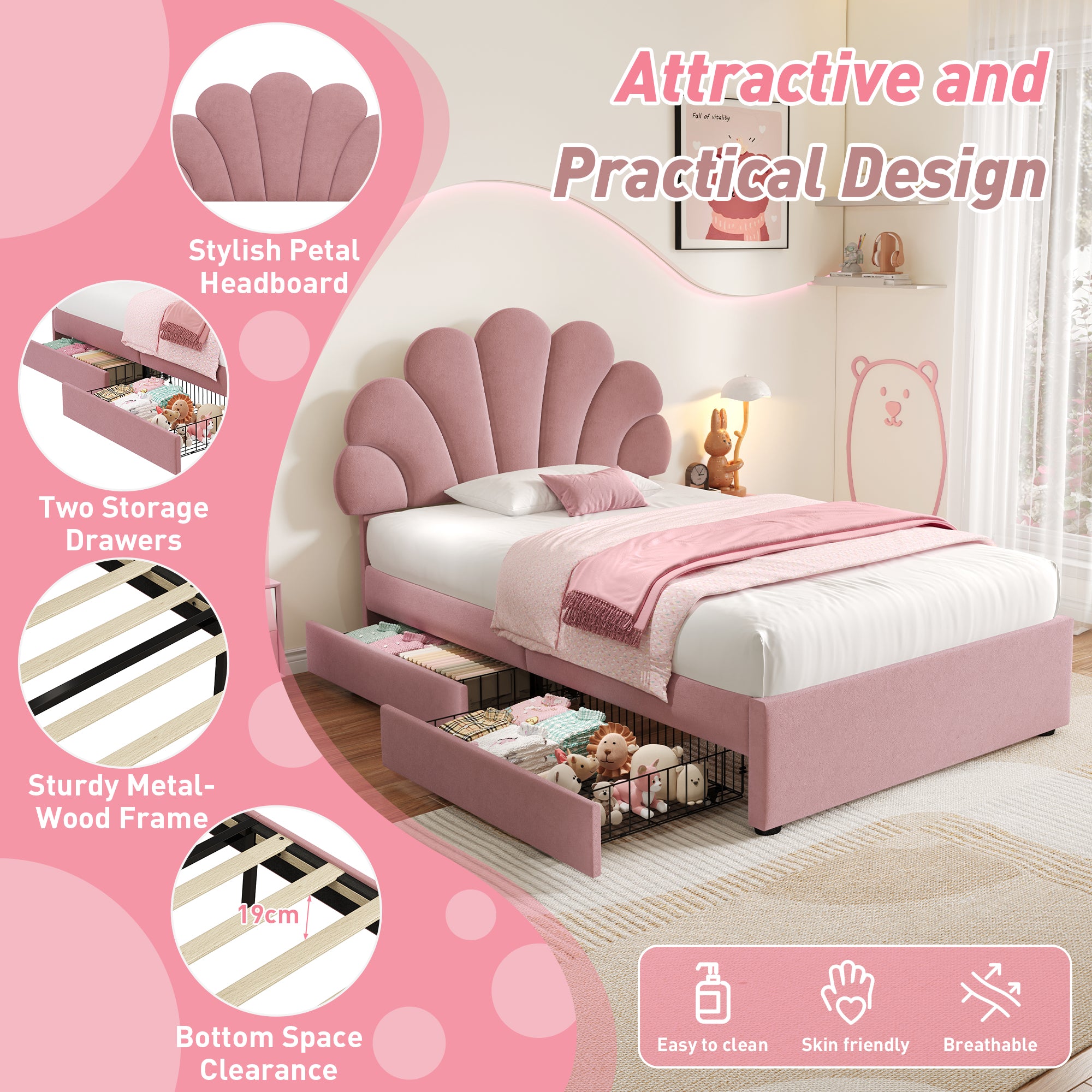 3ft Single Upholstered Bed with Adjustable Chic Petal Headboard, Soft Velvet Bed Frame with 2 Storage Drawers, Petal Bed with Solid Wood Slat, No Box Spring Needed, Easy Assembly, Pink (No Mattress)