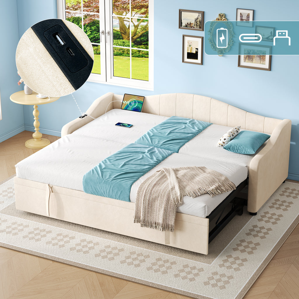 Upholstered Bed 90x190cm, Daybed, Sofa Bed with Charging Station, 3ft Single Velvet Bed with USB and Type - C Ports, Pull out Trundle Bed for Living Room/ Bedroom/ Study Room, Beige (No Mattress)