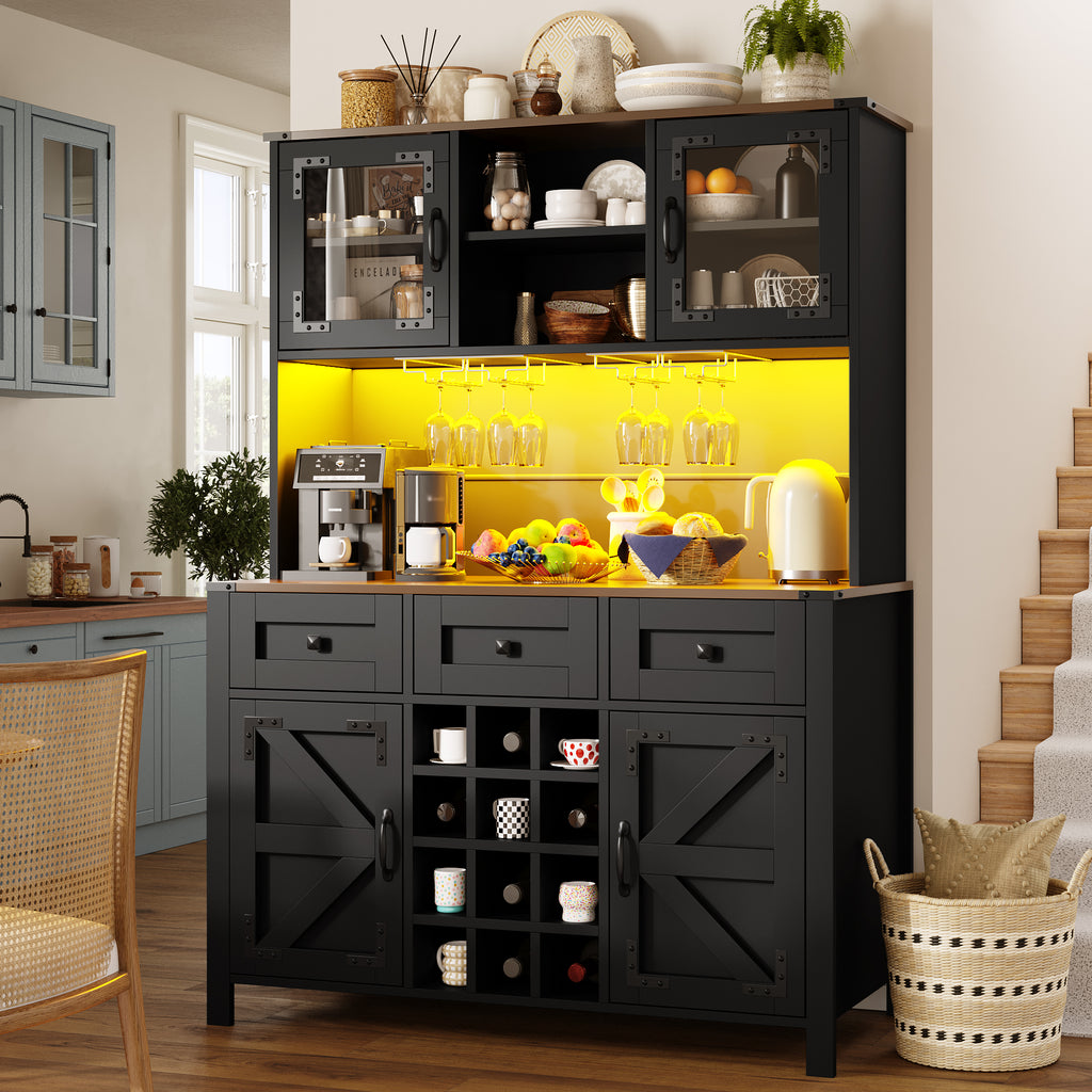 Tall Kitchen Cabinet with 4 Doors & 3 Drawers, USB Ports & Power Outlets, LED Light Strip, Modern Storage Sideboard, Side Cabinet for Kitchen & Living Room, 120 x 40 x 170 cm, Black