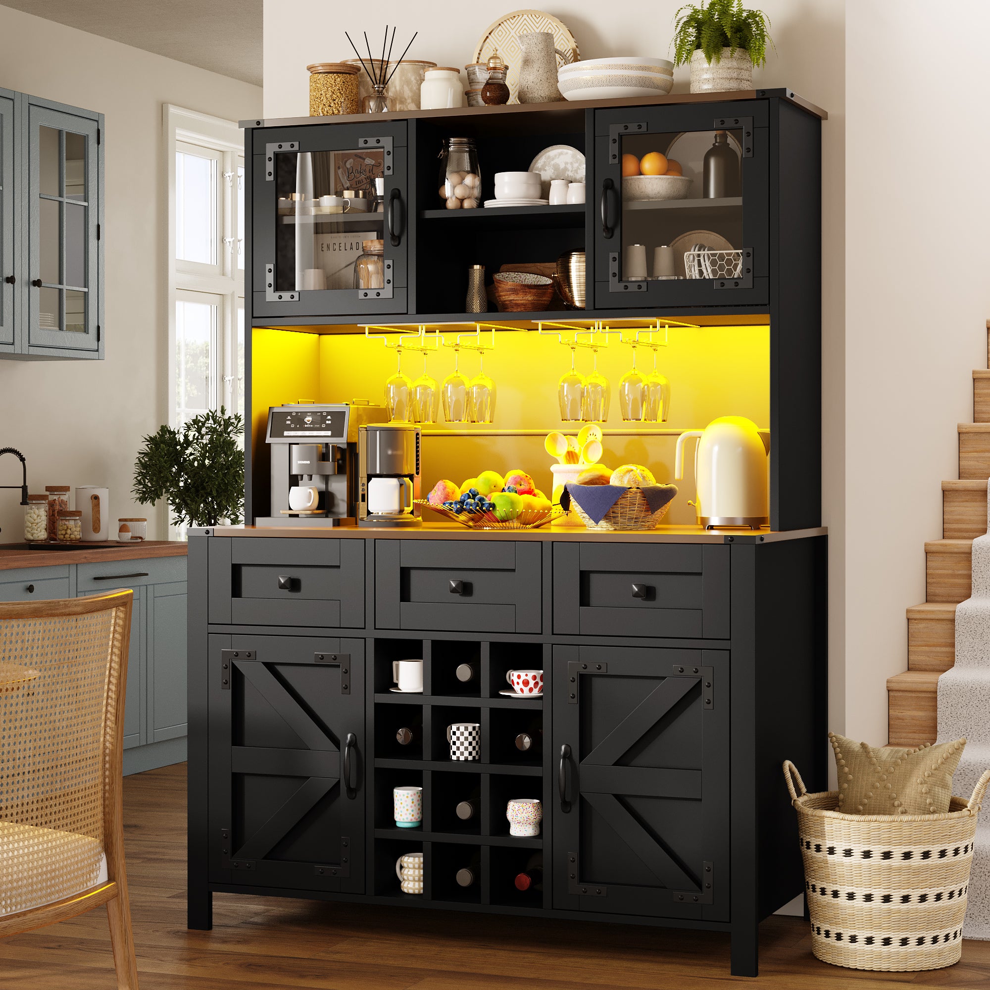 Tall Kitchen Cabinet with 4 Doors & 3 Drawers, USB Ports & Power Outlets, LED Light Strip, Modern Storage Sideboard, Side Cabinet for Kitchen & Living Room, 120 x 40 x 170 cm, Black