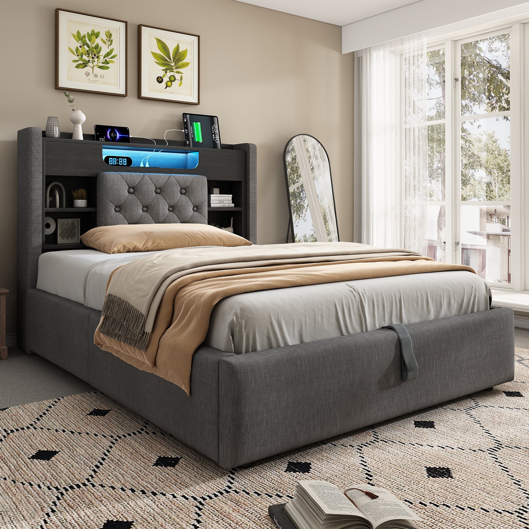 4ft6 Double Bed with Hydraulic Storage, Upholstered Bed Frame with LED Lighting & Charging Station, Storage Headboard for Cellphones & Tablets, 135 x 190 cm, Linen, Grey (No Mattress)