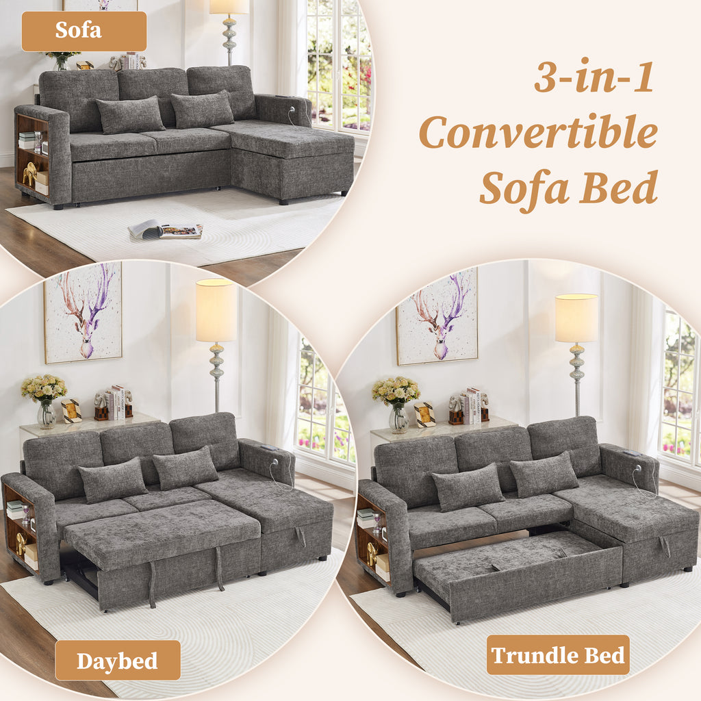 3-in-1 Convertible Chenille Sectional Sofa Bed with Convertible Storage Chaise, L-Shaped Sleeper Sofa with Integrated Charging Station and Adjustable Armrest Side Storage, USB & Type-C Ports, Grey
