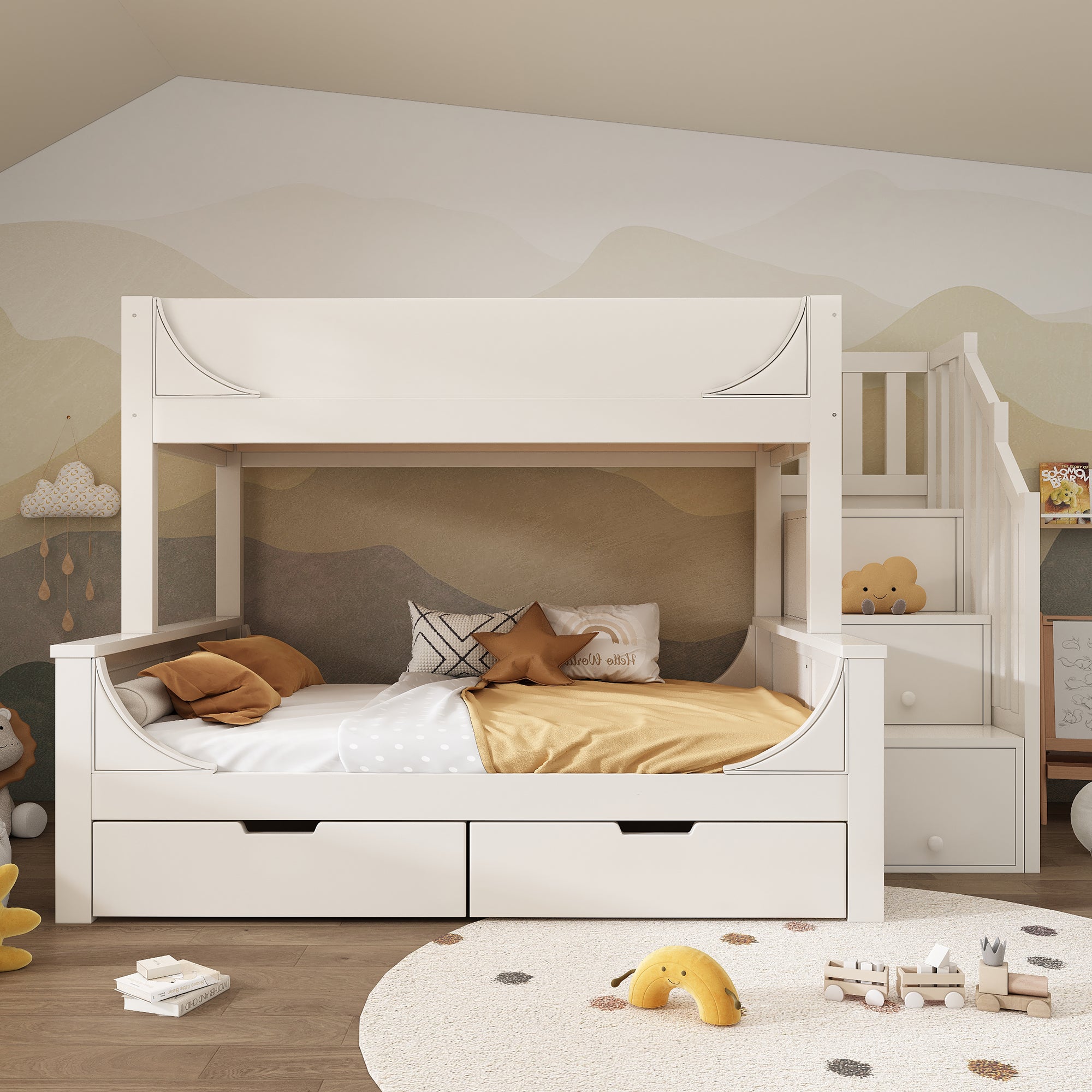 Bunk Beds for Kids, Staircase Bunk with Drawers and Storage, Children's Bed with Storage Unit, Double Bunk Bed for Family with Multiple Children, (90+135) x 190 cm, Solid Wood, White