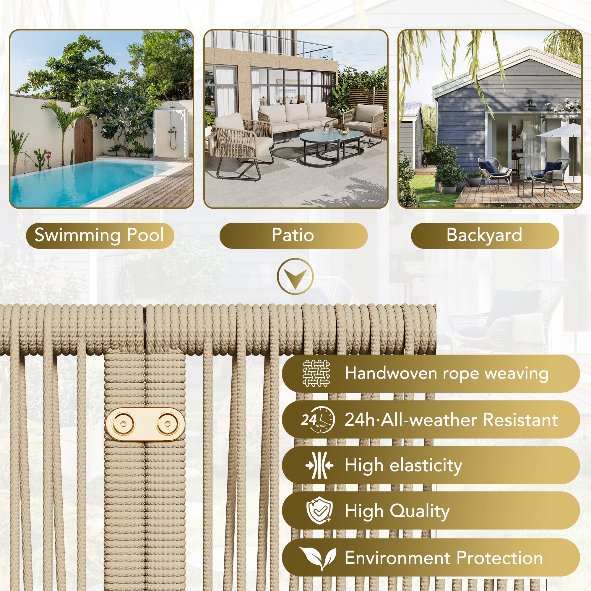 Outdoor Patio&Backyard Furniture Garden Lounge Set, Thick Quality Space Saving Sofas with Glass Coffee Table, Beige