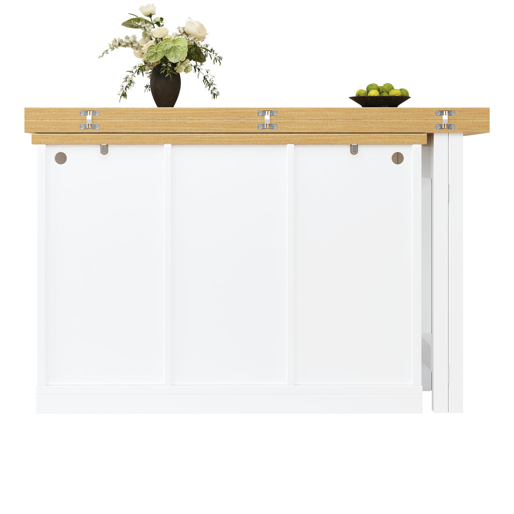Extendable Sideboard with LED Lights, 120-197cm Adjustable Dining Table with Storage, 2 Drawers & Glass Cabinet doors, White/Black