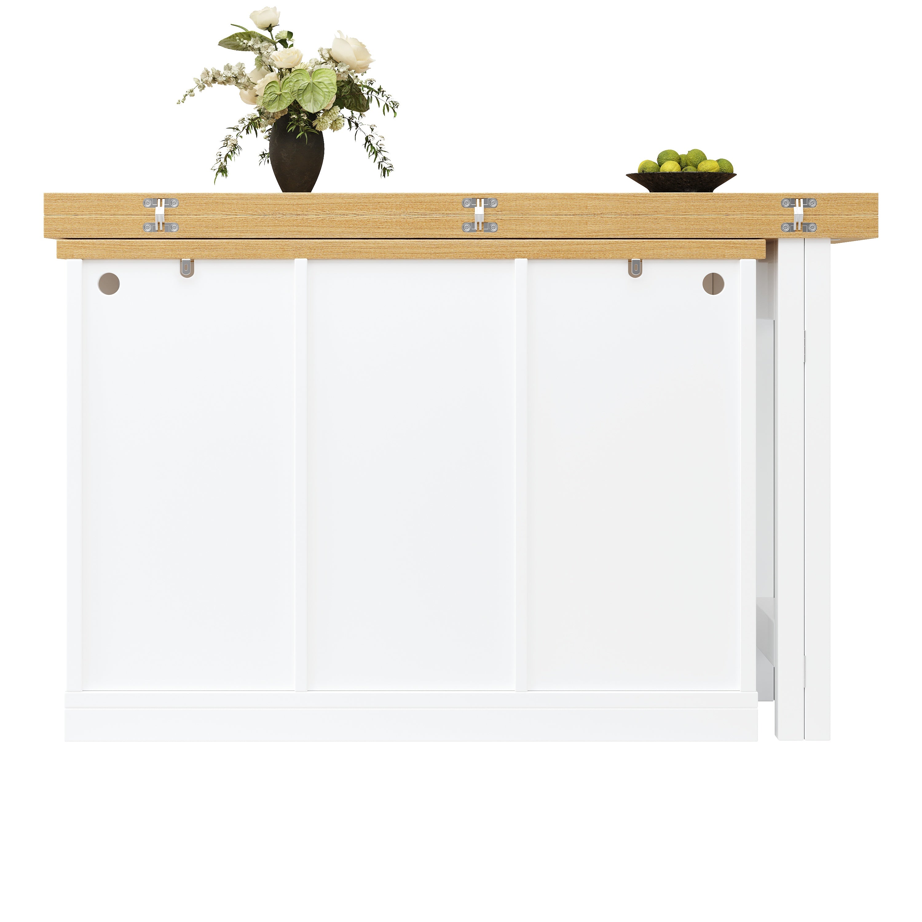 Extendable Sideboard with LED Lights, 120-197cm Adjustable Dining Table with Storage, 2 Drawers & Glass Cabinet doors, White/Black