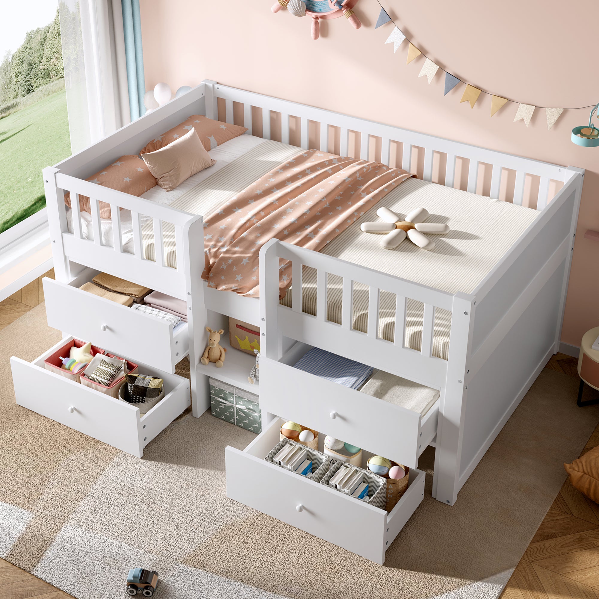 Low Loft Bed with Storage, Solid Wood Bed Frame with Drawer Storage, 3ft Single Bed with Guardrail, No Box Spring Needed, Saving-space Design for Bedroom, Modern Bed for Children, White (No Mattress)