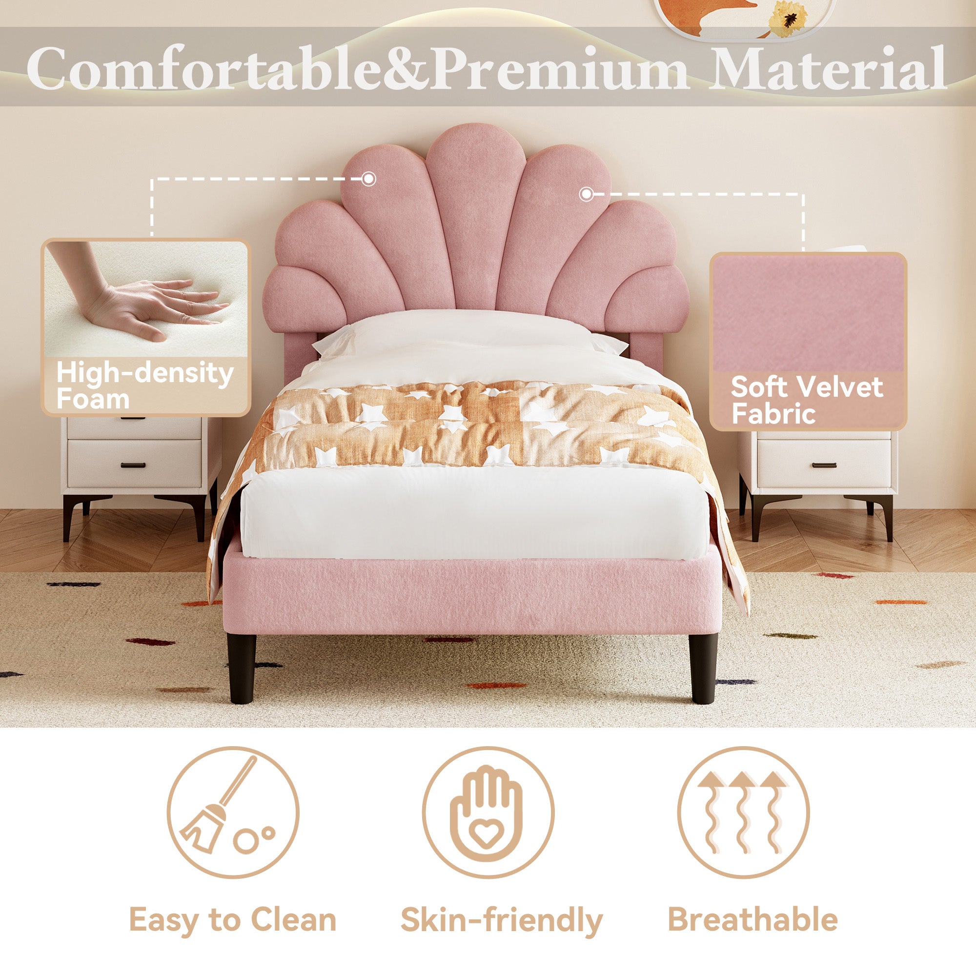 3ft Single Upholstered Velvet Bed Frame, with Adjustable Chic Petal Headboard, Velvet Platform Bed Frame with Solid Wood Slat, No Box Spring Needed, Easy Assembly, Pink