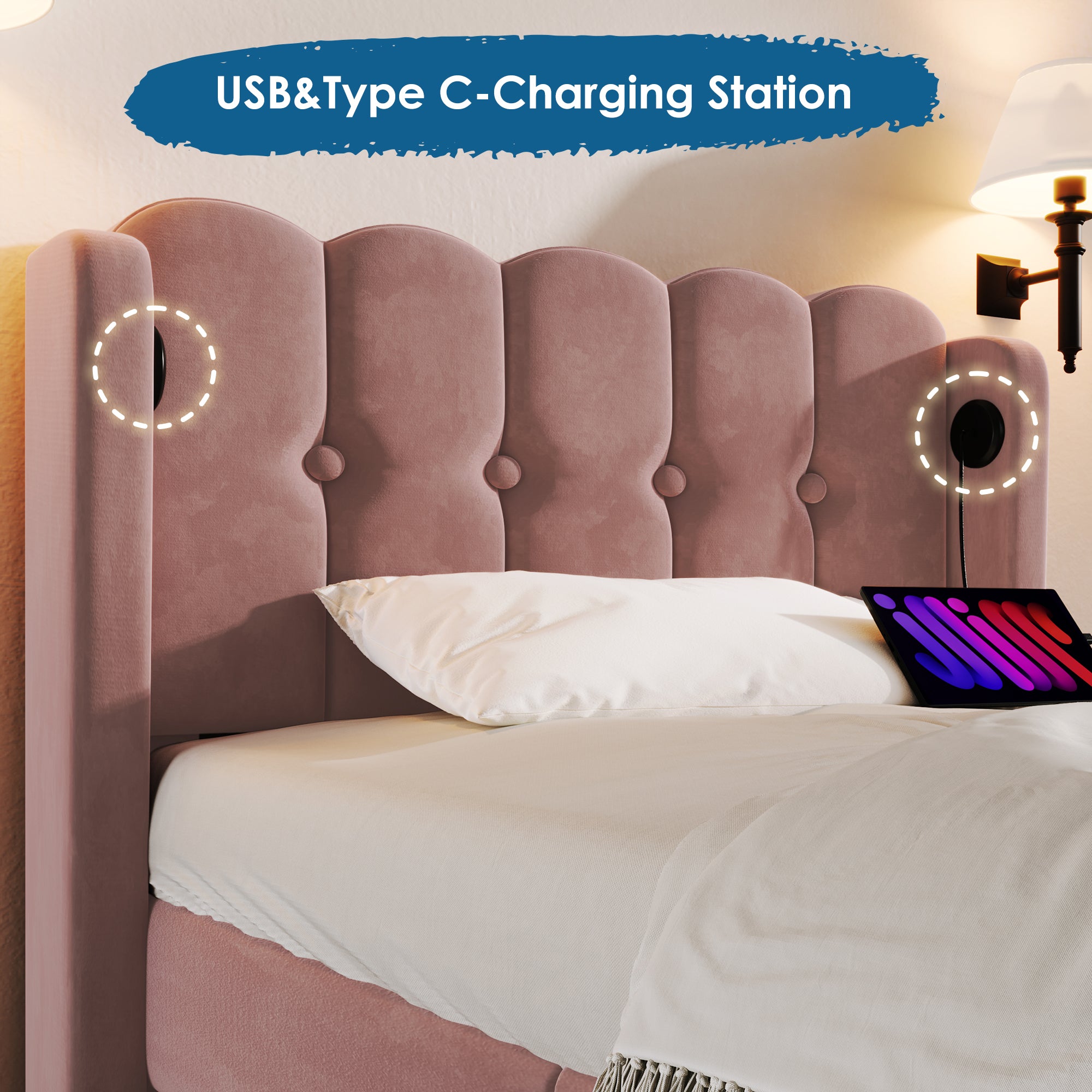 Upholstered Single Bed with USB and Type-C Charging, Bed Frame with Wooden Slatted Frame, Teenager Bed for Bedroom & Guest Room,3ft 90x 190 cm Bed Frame, Pink, Velvet Material (No Mattress).