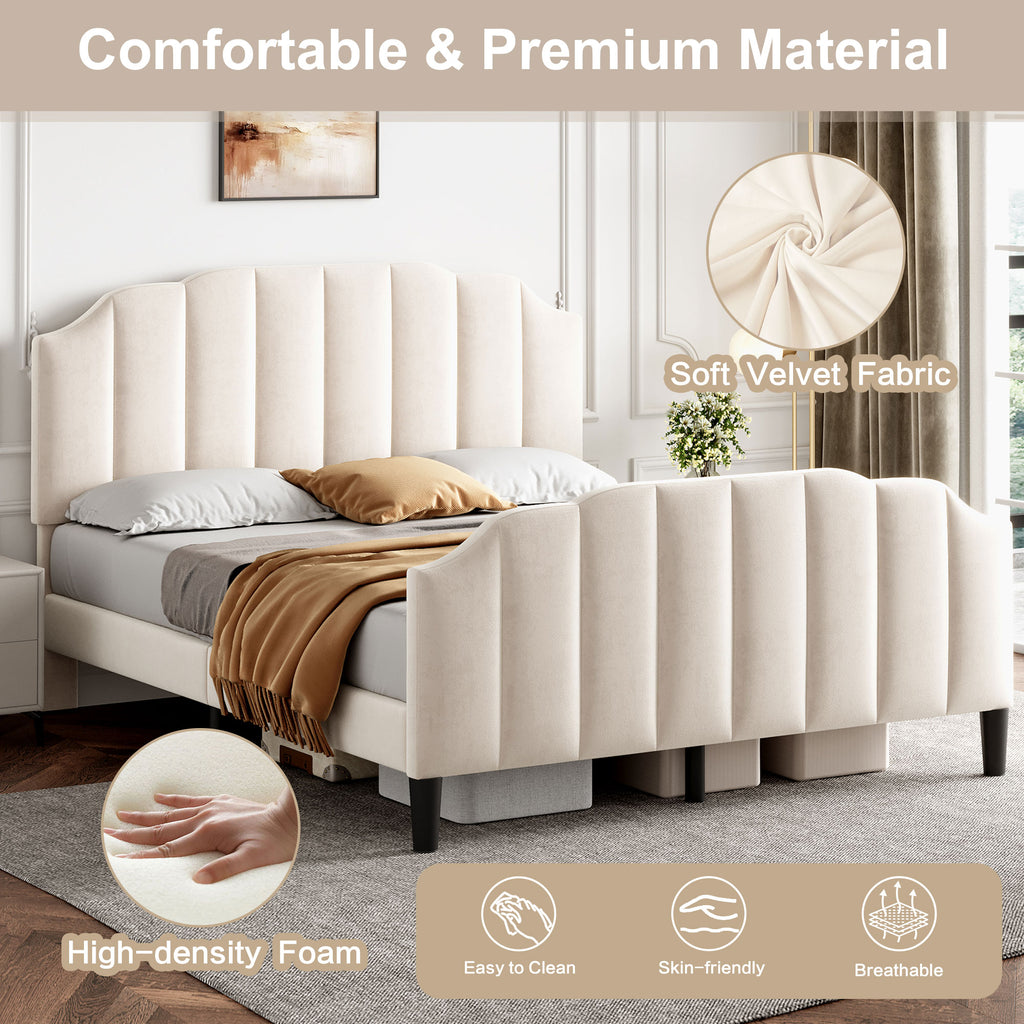 4ft6 Double Upholstered Bed Frame with Adjustable Chic Channel-Tufted Headboard, Velvet Platform Bed Frame with Solid Wood Slat and Mute Foam, No Box Spring Needed, Easy Assembly, Beige (No Mattress)