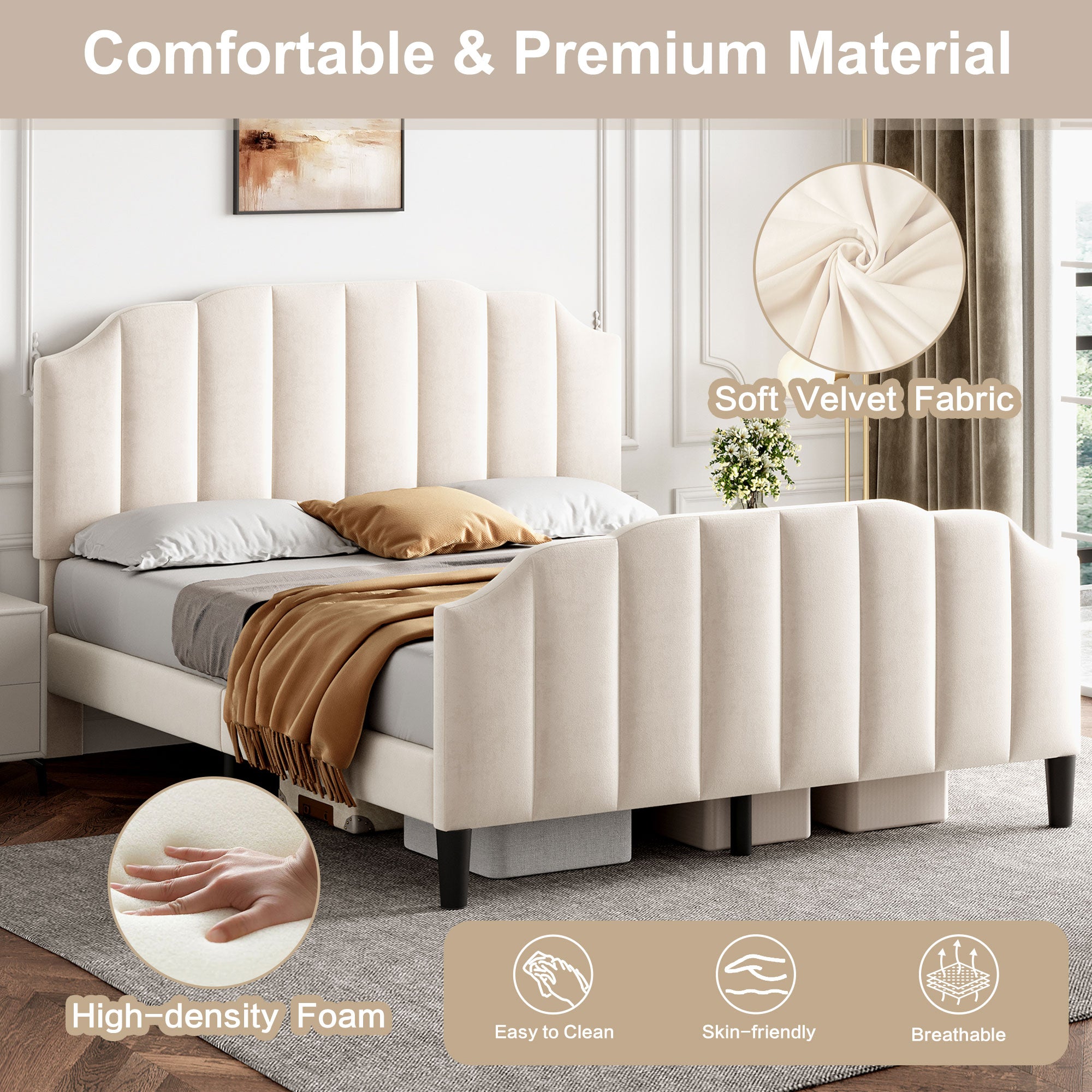 4ft6 Double Upholstered Bed Frame with Adjustable Chic Channel-Tufted Headboard, Velvet Platform Bed Frame with Solid Wood Slat and Mute Foam, No Box Spring Needed, Easy Assembly, Beige (No Mattress)