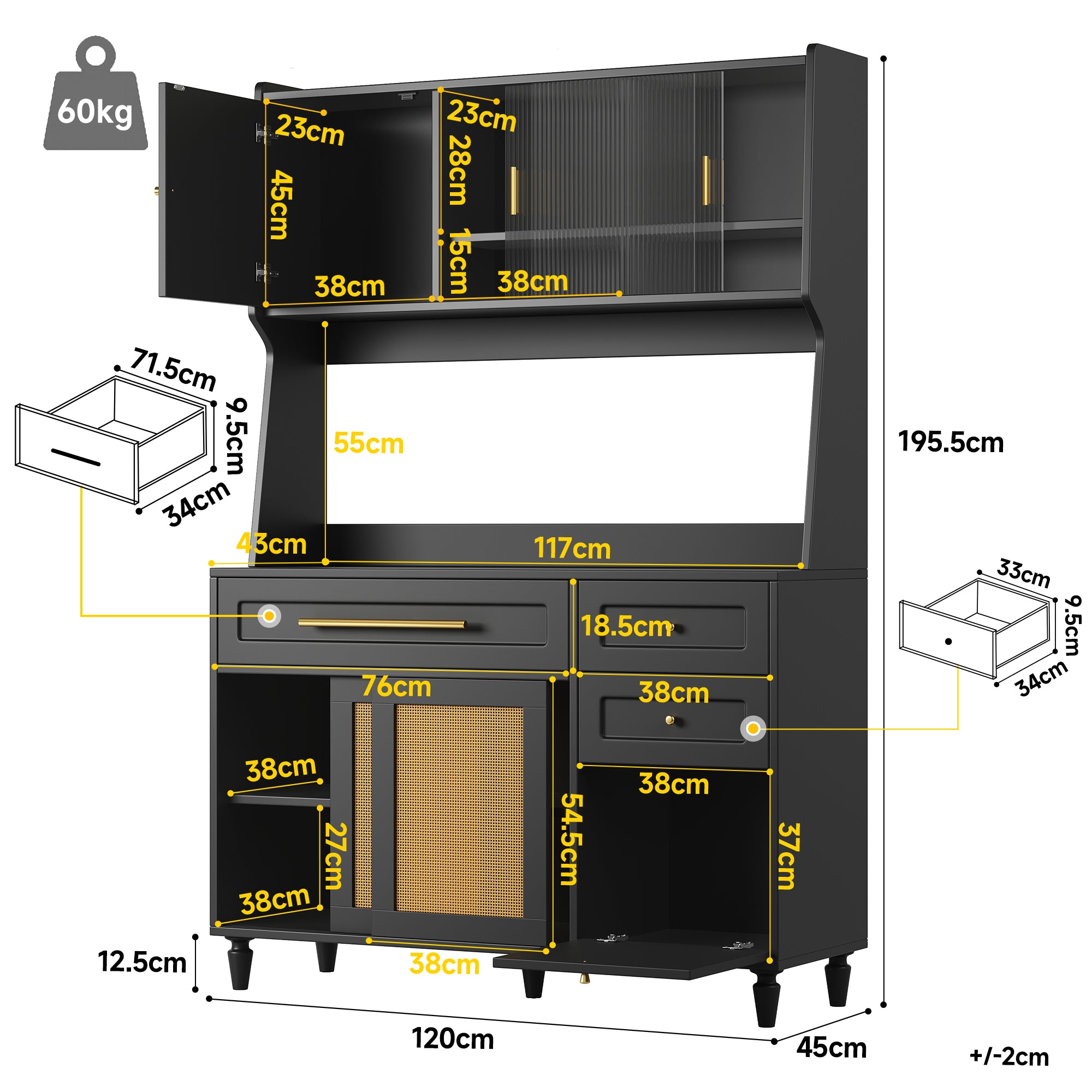 Kitchen Cabinet(120*45*195.5 cm), Tall Cabinet, Display Cabinet, Buffet Cabinet with Adjustable Shelves, Dining Room Cabinet with 3 Drawers, Sideboard with LED Lighting, PE Rattan, Black