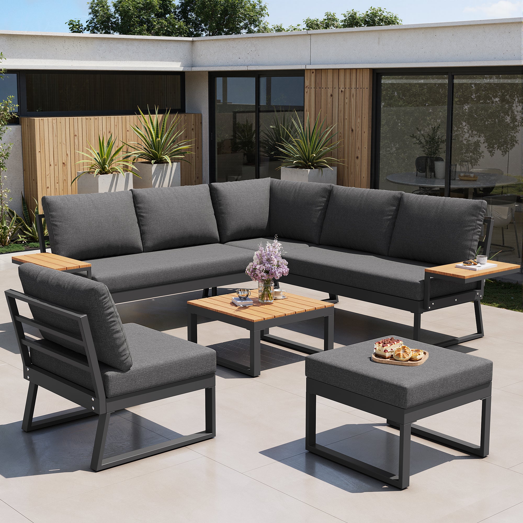L-Shaped Garden Sofa Set with Wooden Armrests / Weather-Resistant Corner Suite & Daybed Made of Iron / Including Wooden Table, Armchair & Stool, 7-Person / With Cushions / Gray