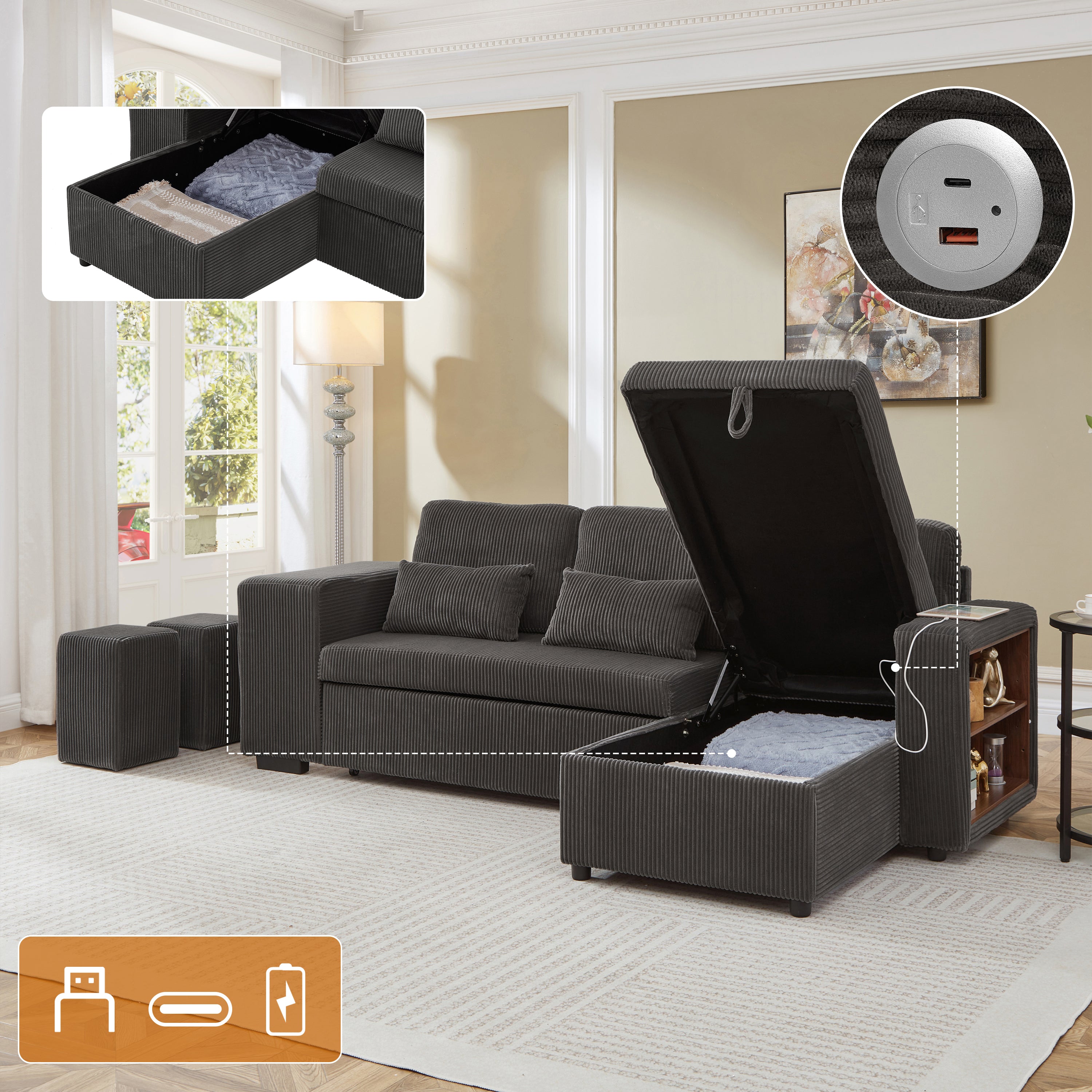Modern L-Shaped Convertible Sofa Bed, 3-in-1 Convertible Sofa Bed with Internal Storage Chaise, Nesting Footstools, Integrated Charging Station & Adjustable Armrest Side Storage, Corduroy Fabric, Grey