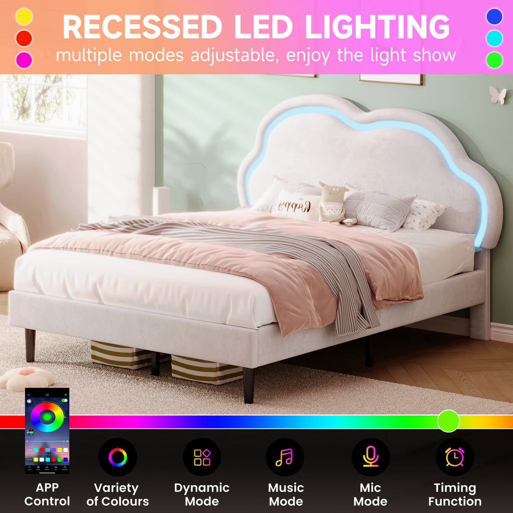 4ft6 Double Upholstered Bed with LED Adjustable Cute Cloud Headboard, Soft Velvet Bed Frame with Solid Wood Slat, No Box Spring Needed, Easy Assembly, Cream White (No Mattress)